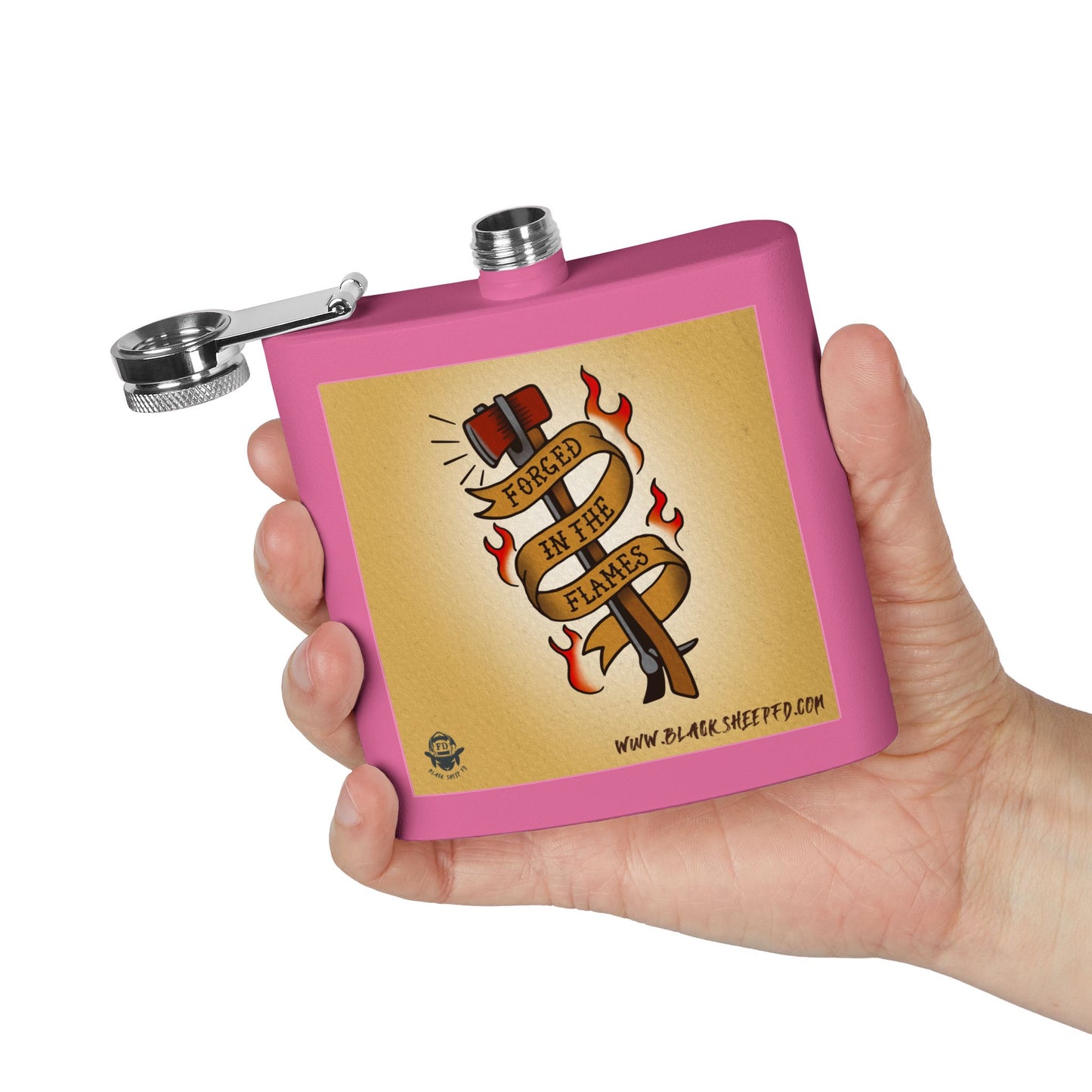 "Forged In The Flames" Stainless Steel Flask - 6oz Tattoo-Style Hip Flask