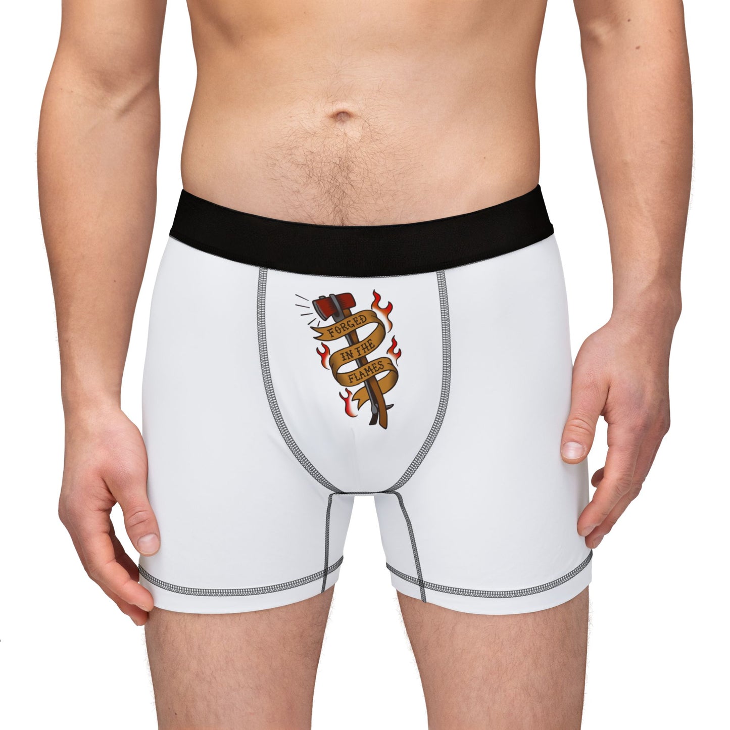 Men's Boxer Briefs with Set of Married Irons Wrapped in "Forged in The Flames" Banner