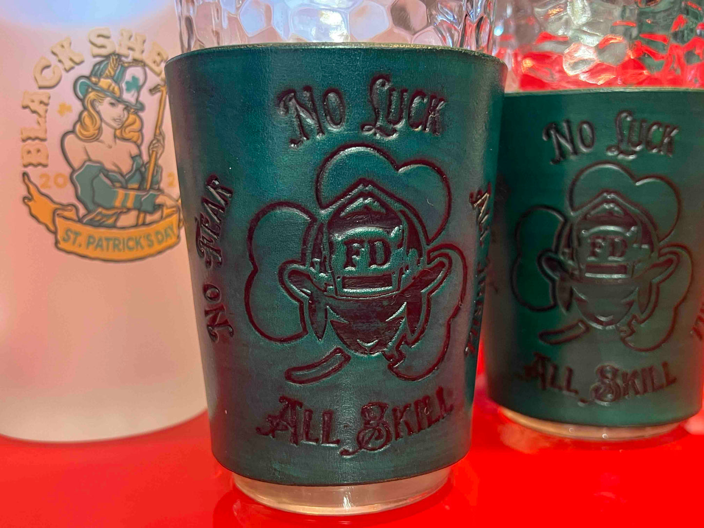 "No Luck All Skill" Shamrock Pint Glass Koozie