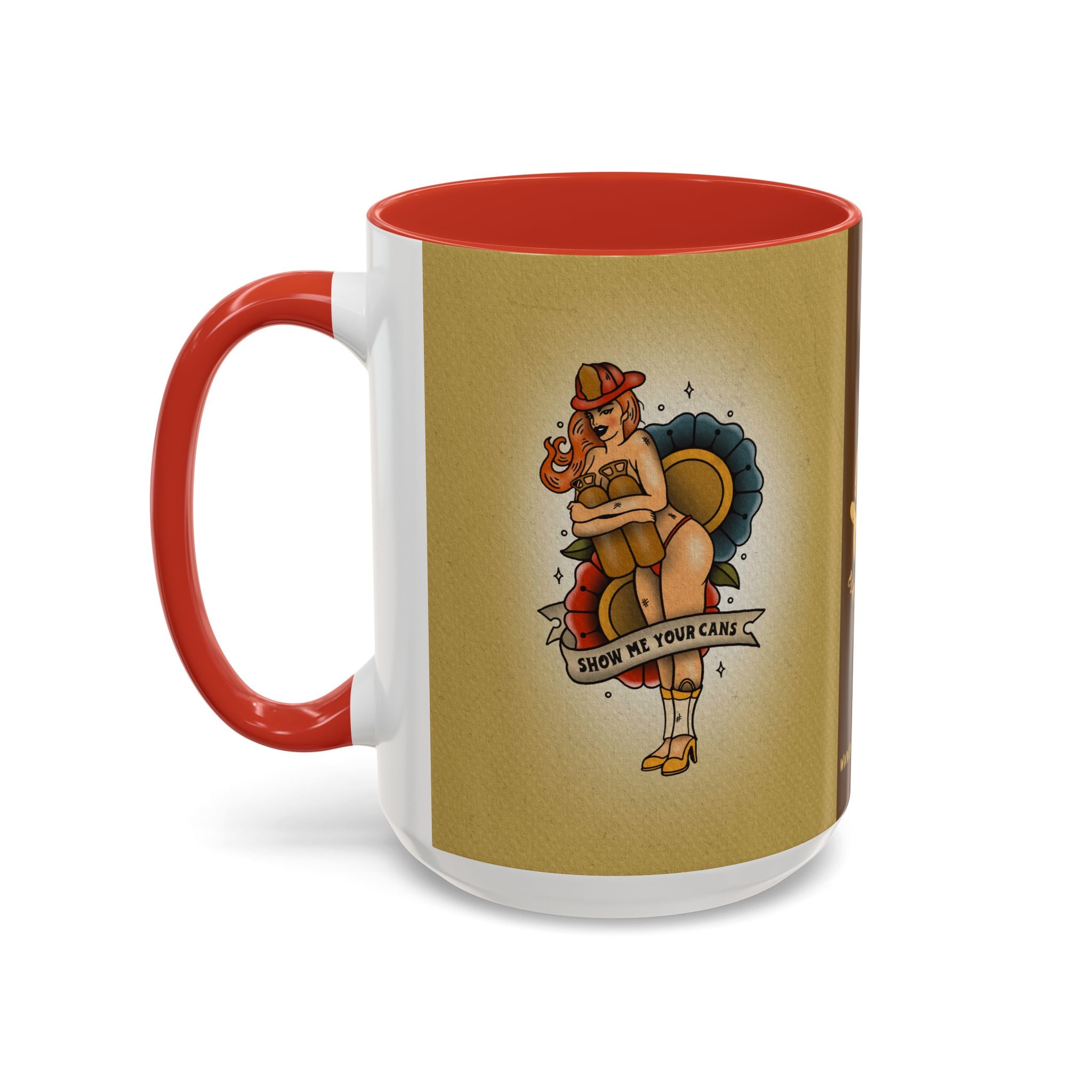 Firefighter Pin-Up Coffee Mug – "Show Me Your Cans" Retro Firefighter Design (15oz)