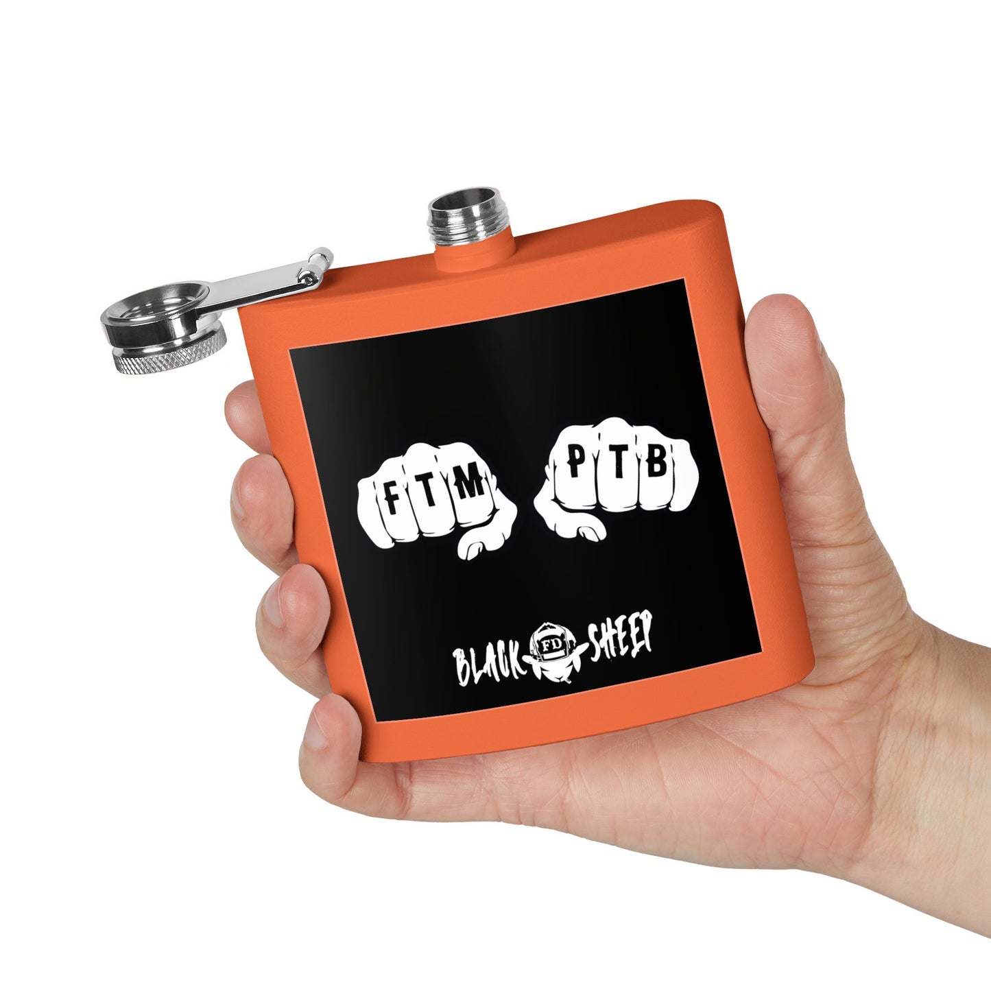 6oz Stainless Steel Flask — Black Sheep 'FTMP PTB' Knuckle Tattoo Design