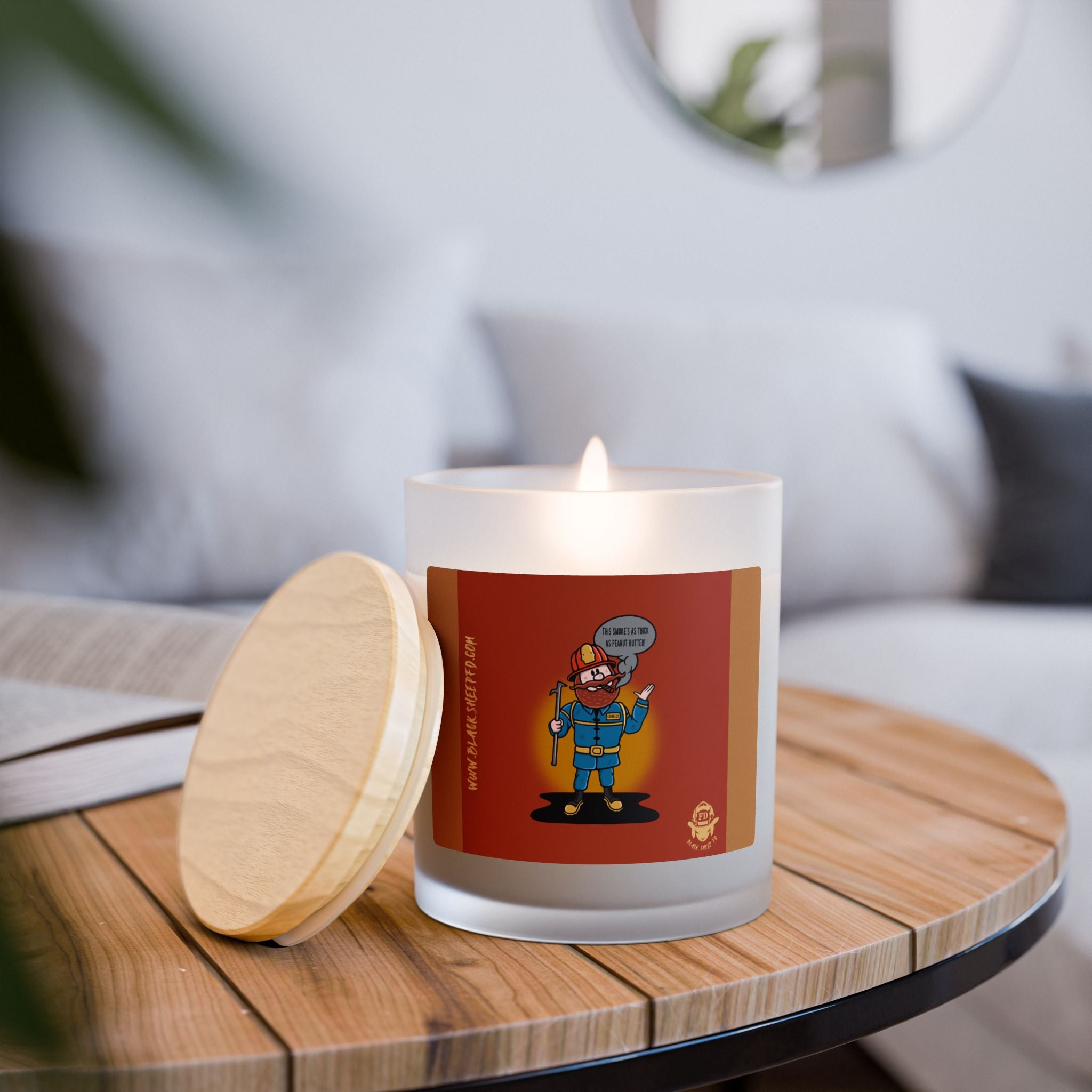 Firefighter Cartoon Candle — 'Be Nice to Me' Frosted Glass 11oz
