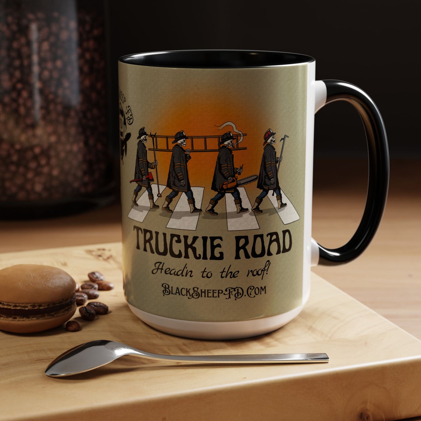 Truckie Road Coffee Mug — "Headin' to the Roof" Firefighter Band Design 15oz
