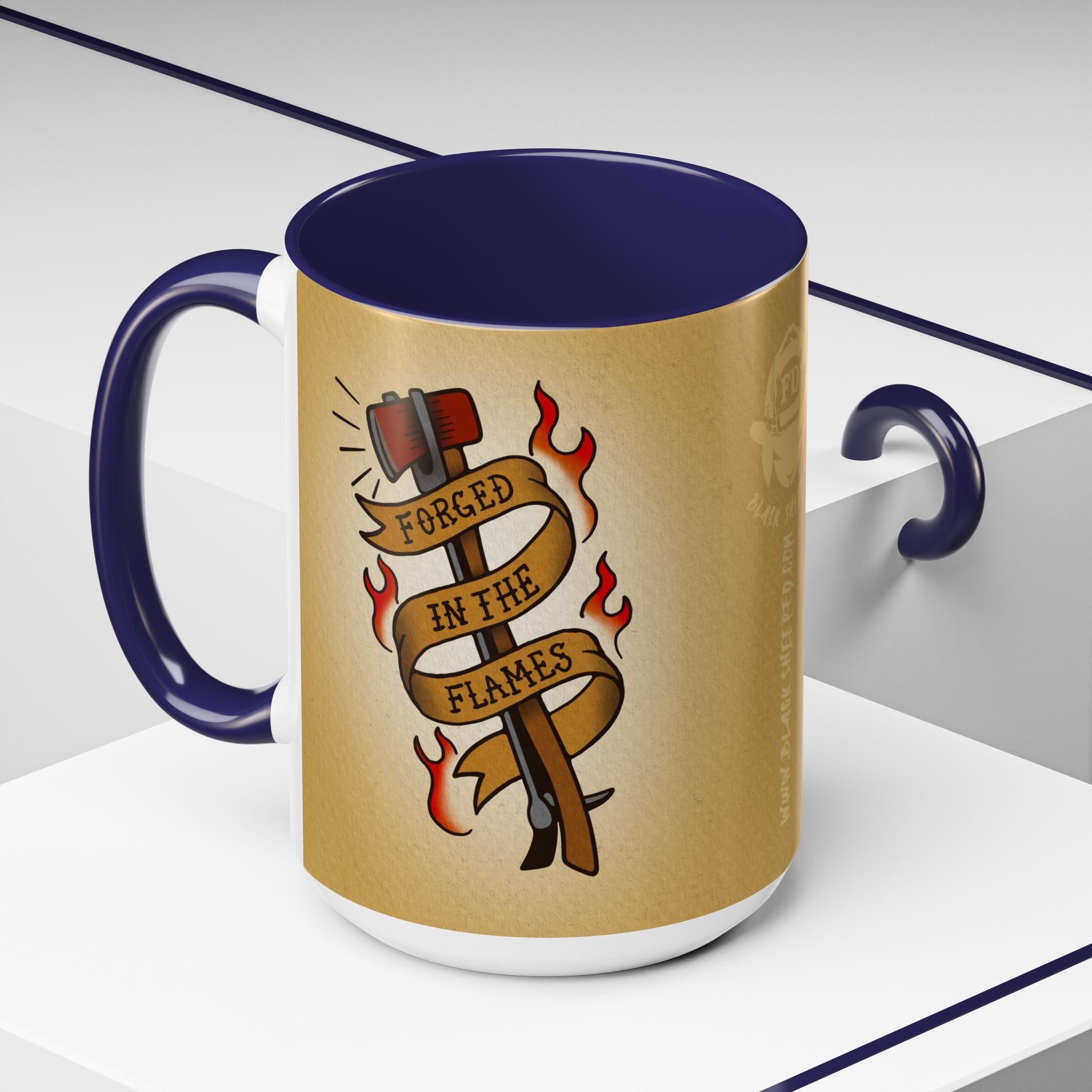 Forged in the Flames Coffee Mug — Firefighter Tattoo-Style Accent Mug