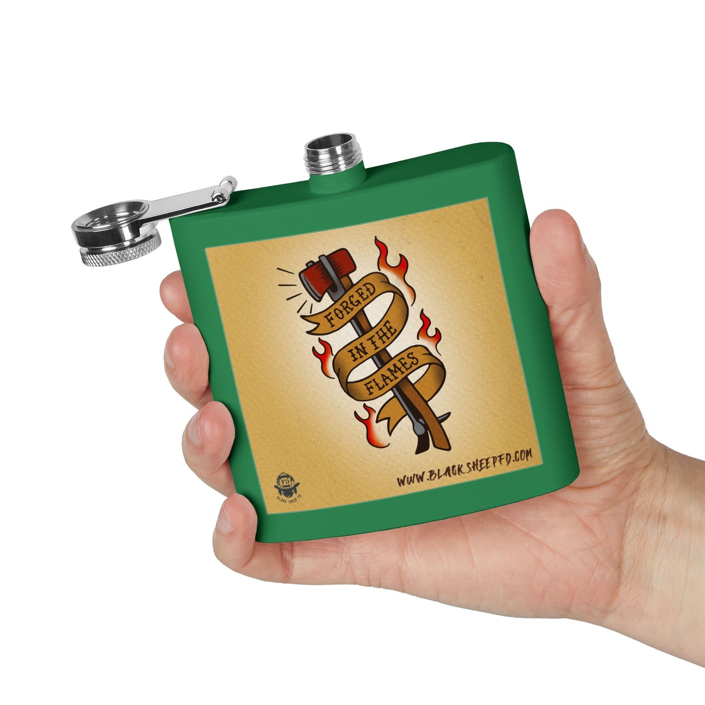 "Forged In The Flames" Stainless Steel Flask - 6oz Tattoo-Style Hip Flask
