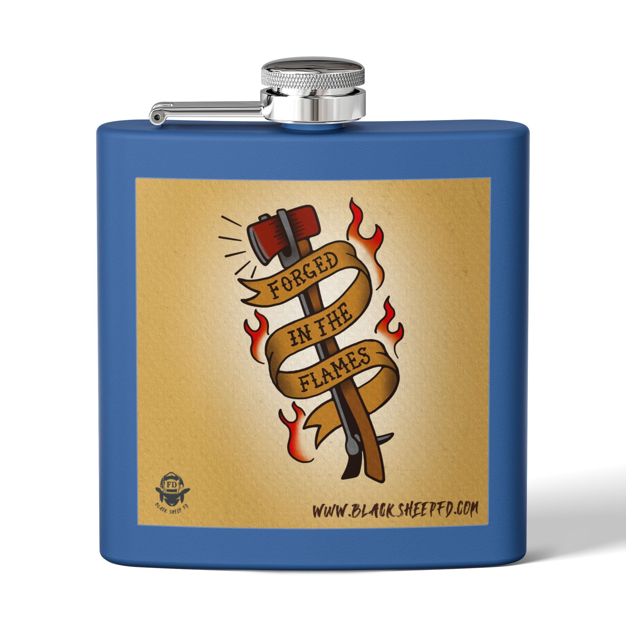 "Forged In The Flames" Stainless Steel Flask - 6oz Tattoo-Style Hip Flask