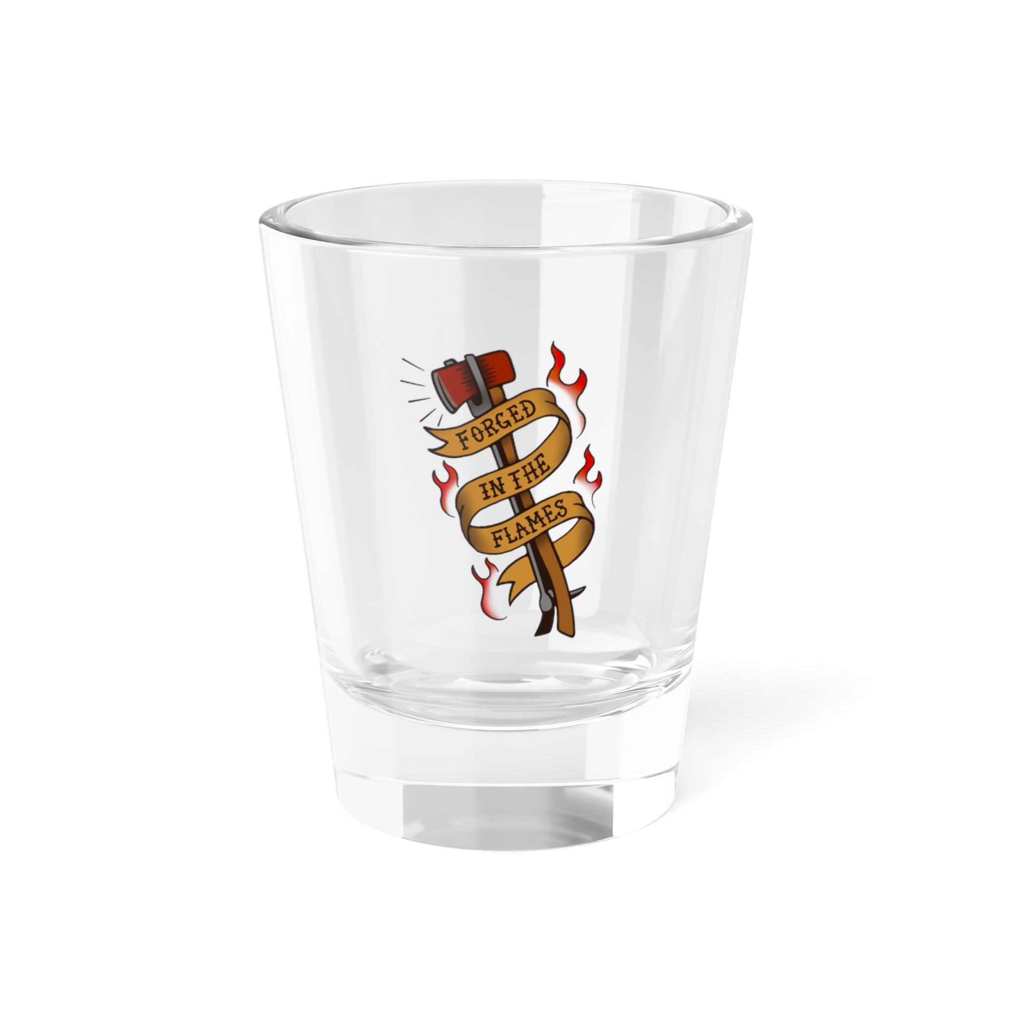 "Forged in the Flames" Irons Shot Glass — 1.5oz Tattoo-Style Firefighter Bar Glassware