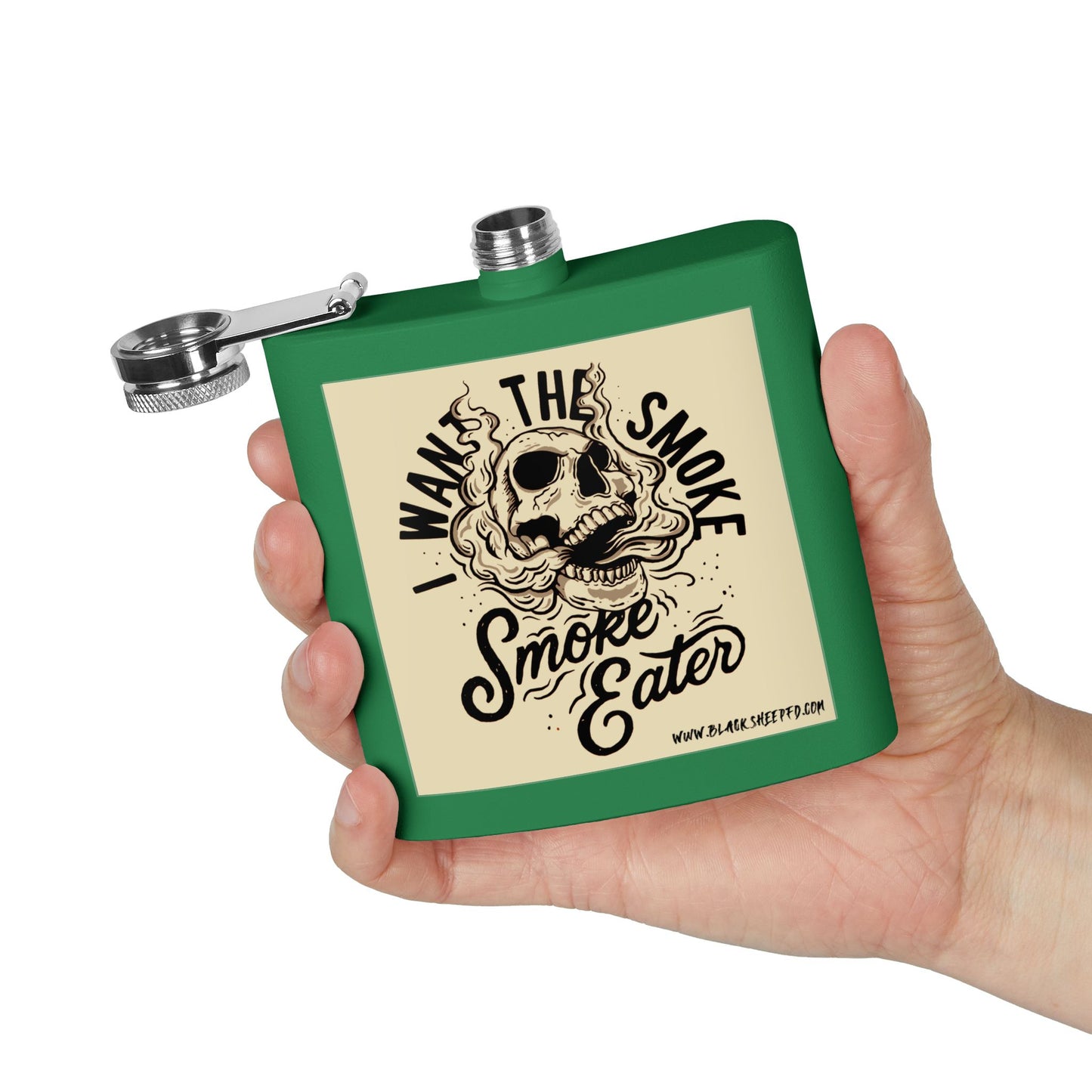 6oz Stainless Steel Flask — "I Want The Smoke / Smoke Eater" Skull Design