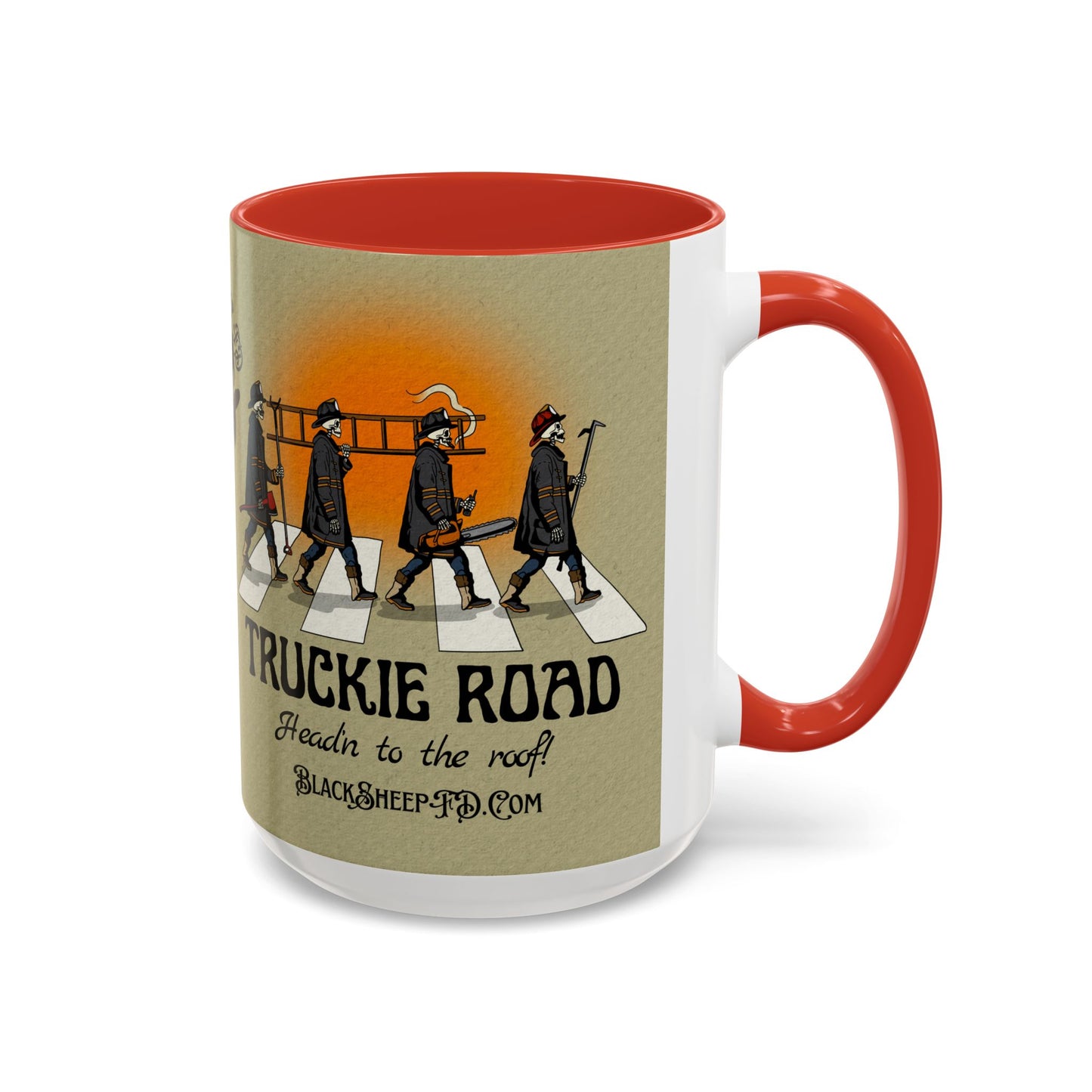 Truckie Road Coffee Mug — "Headin' to the Roof" Firefighter Band Design 15oz