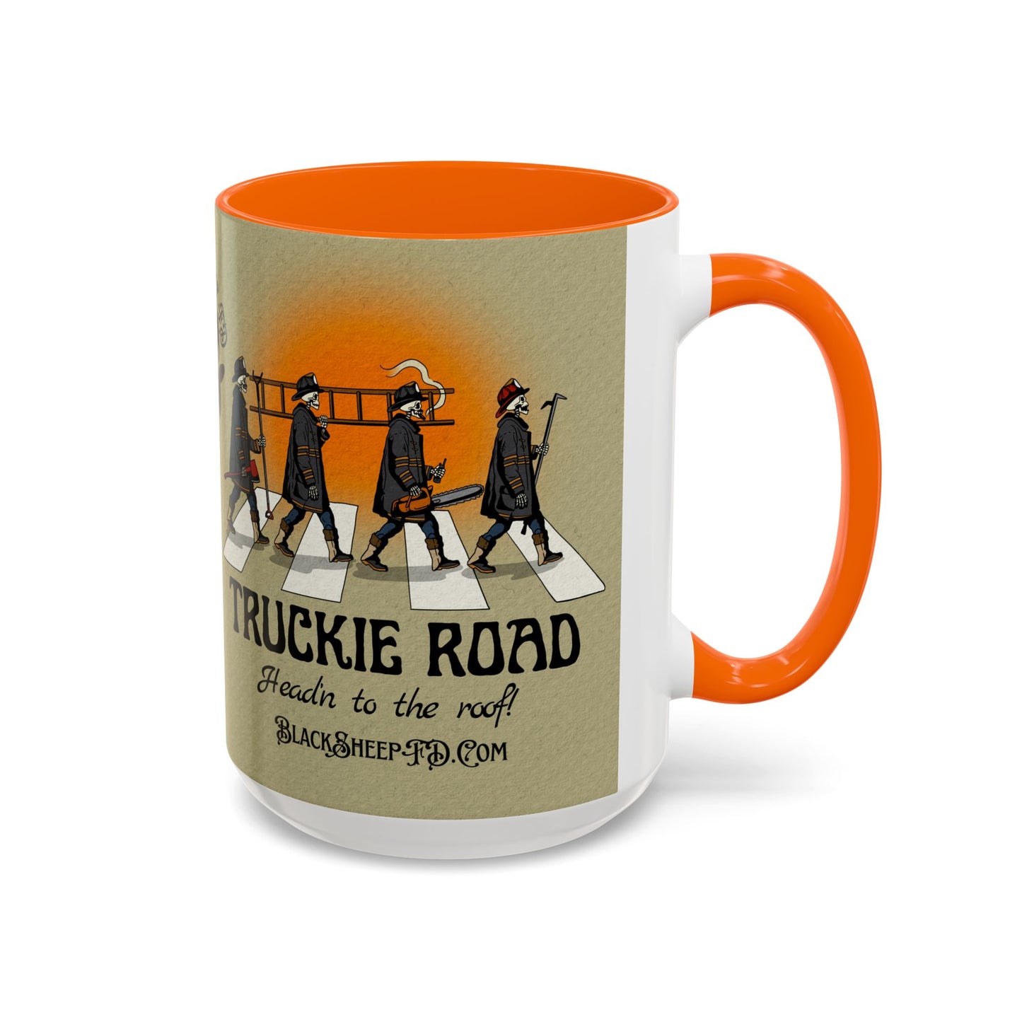 Truckie Road Coffee Mug — "Headin' to the Roof" Firefighter Band Design 15oz