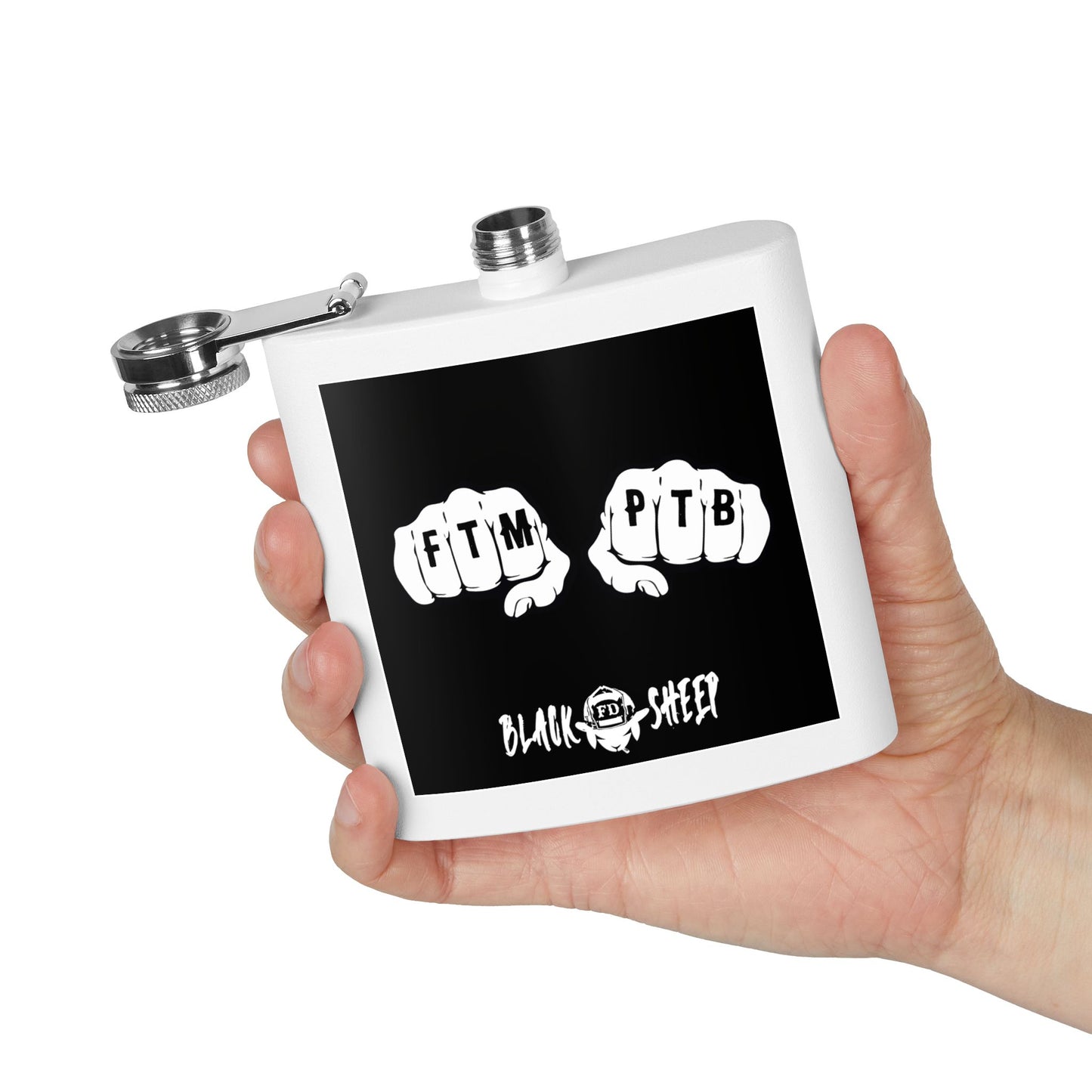 6oz Stainless Steel Flask — Black Sheep 'FTMP PTB' Knuckle Tattoo Design