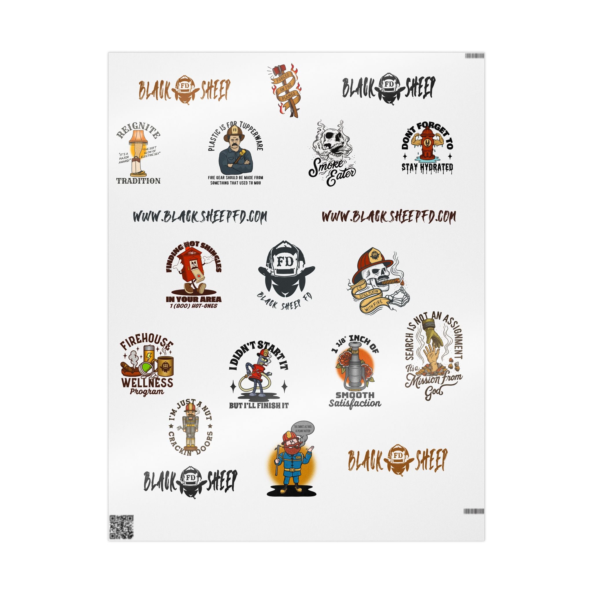 WHITE Wrapping Paper Roll — Retro Black Sheep FD Pattern