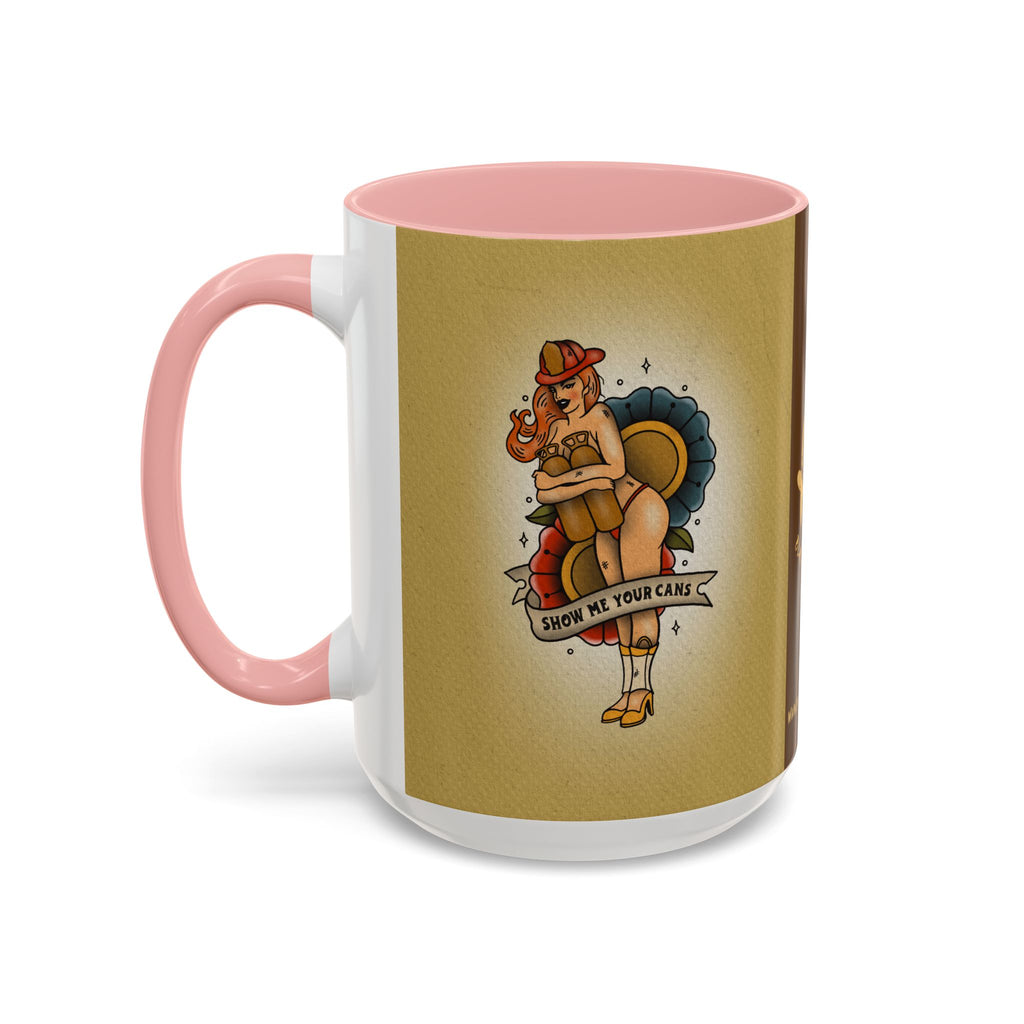 Firefighter Pin-Up Coffee Mug – "Show Me Your Cans" Retro Firefighter Design (15oz)