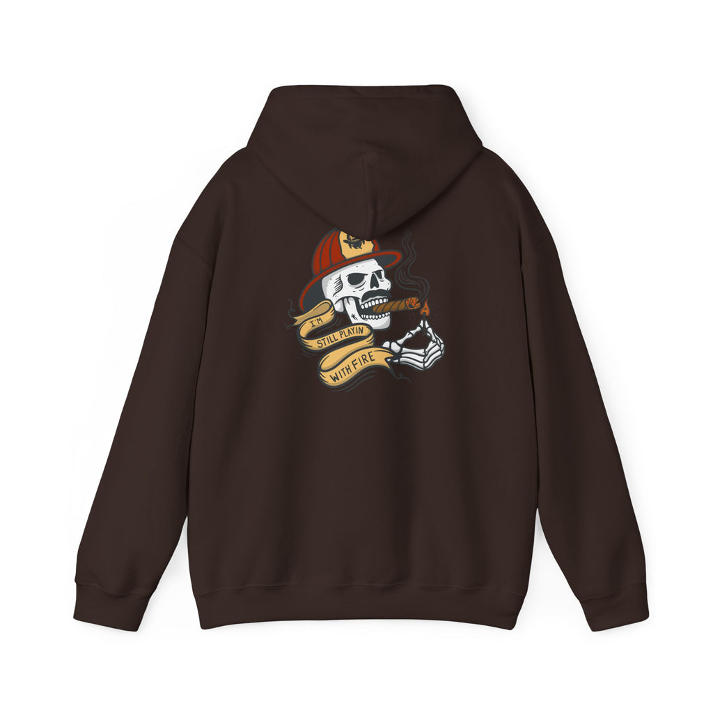 Firefighter Skull "Still Playing with Fire" Hoodie, Unisex Heavy Blend Sweatshirt