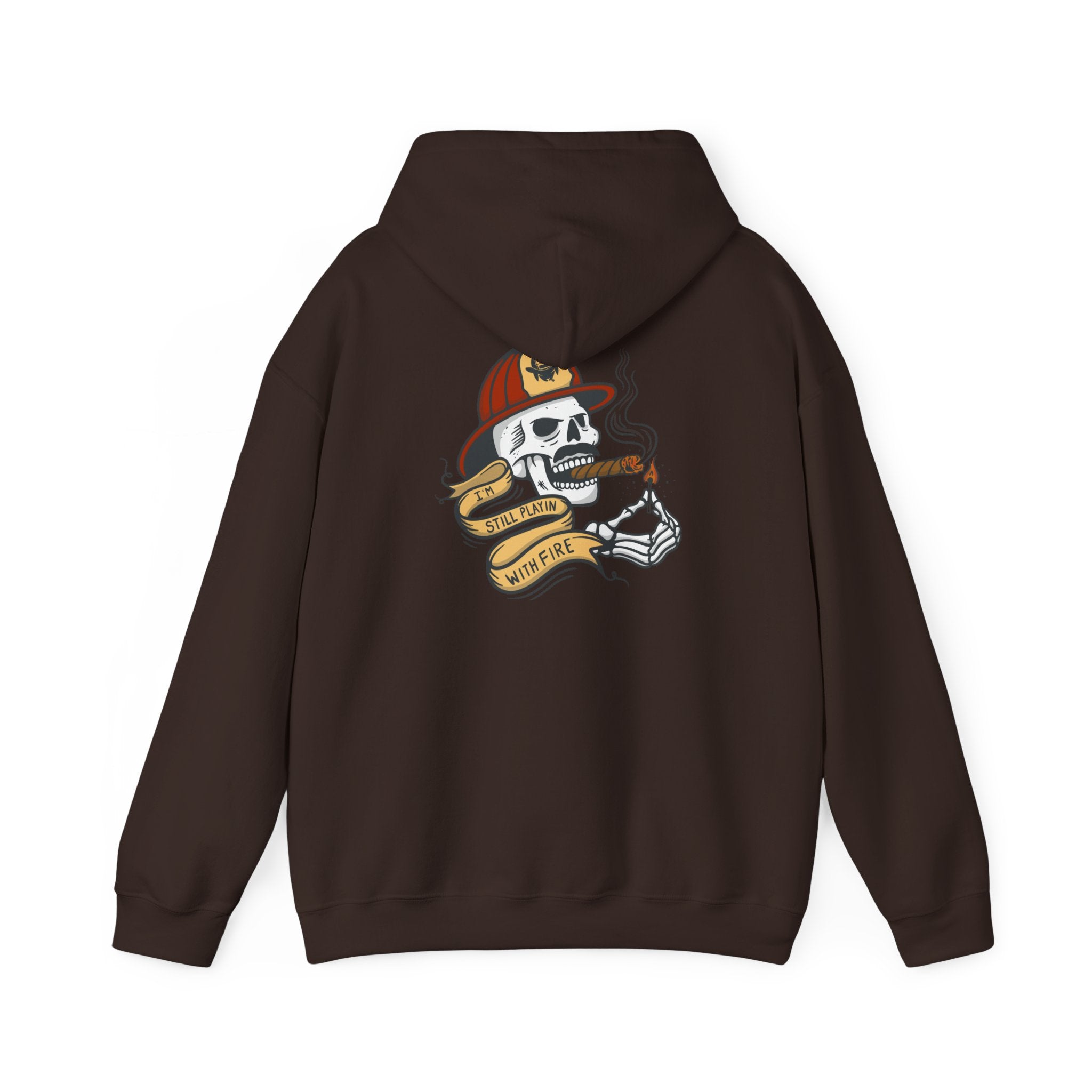 Firefighter Skull "Still Playing with Fire" Hoodie, Unisex Heavy Blend Sweatshirt