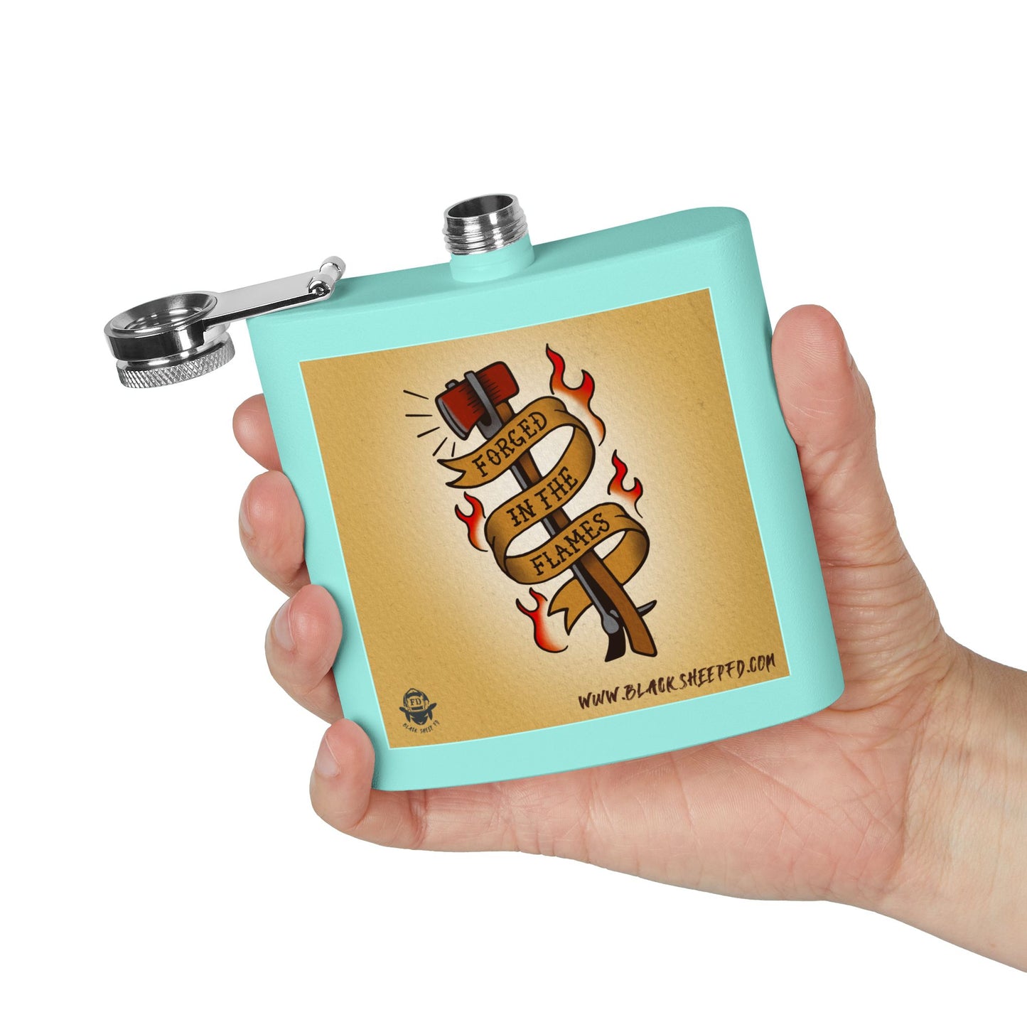 "Forged In The Flames" Stainless Steel Flask - 6oz Tattoo-Style Hip Flask