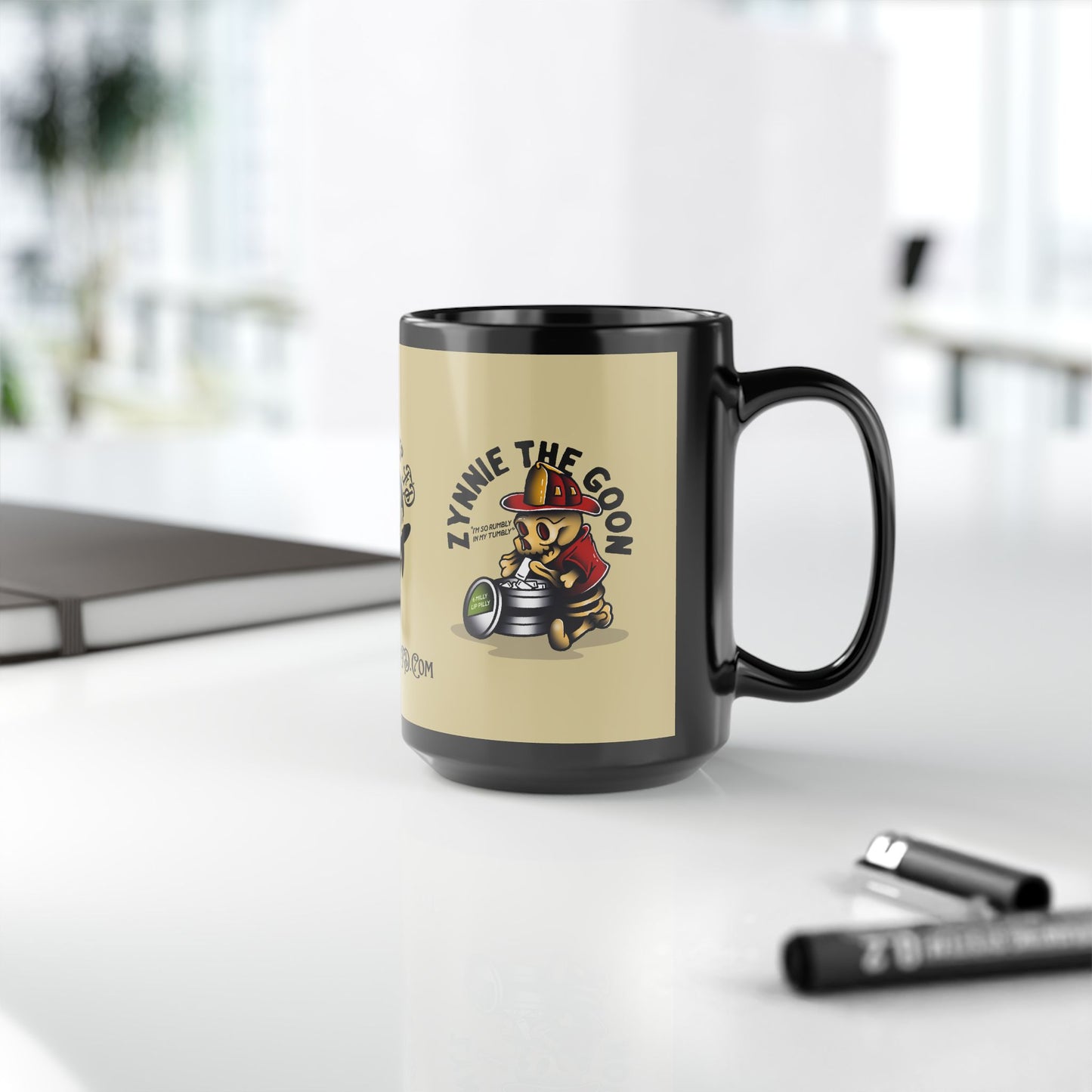 15oz Black Mug — 'Zynie the Goon' Firefighter Coffee Cup (Black Sheep FD Logo)