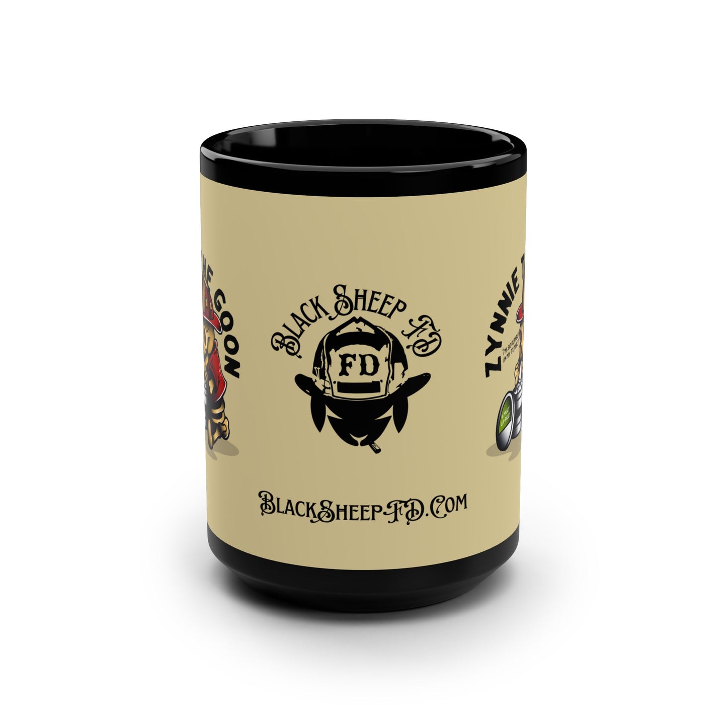 15oz Black Mug — 'Zynie the Goon' Firefighter Coffee Cup (Black Sheep FD Logo)
