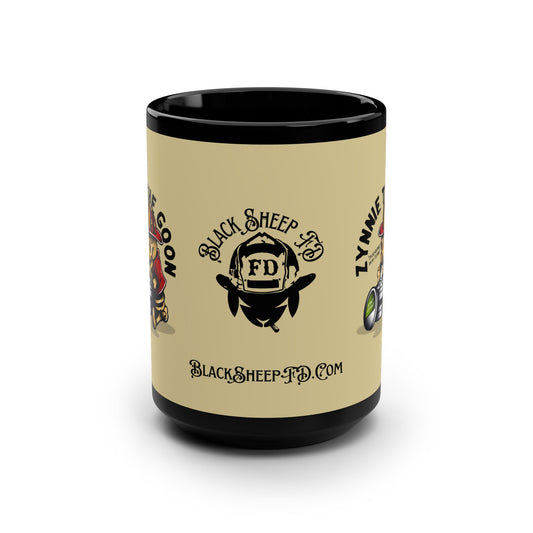 15oz Black Mug — 'Zynie the Goon' Firefighter Coffee Cup (Black Sheep FD Logo)