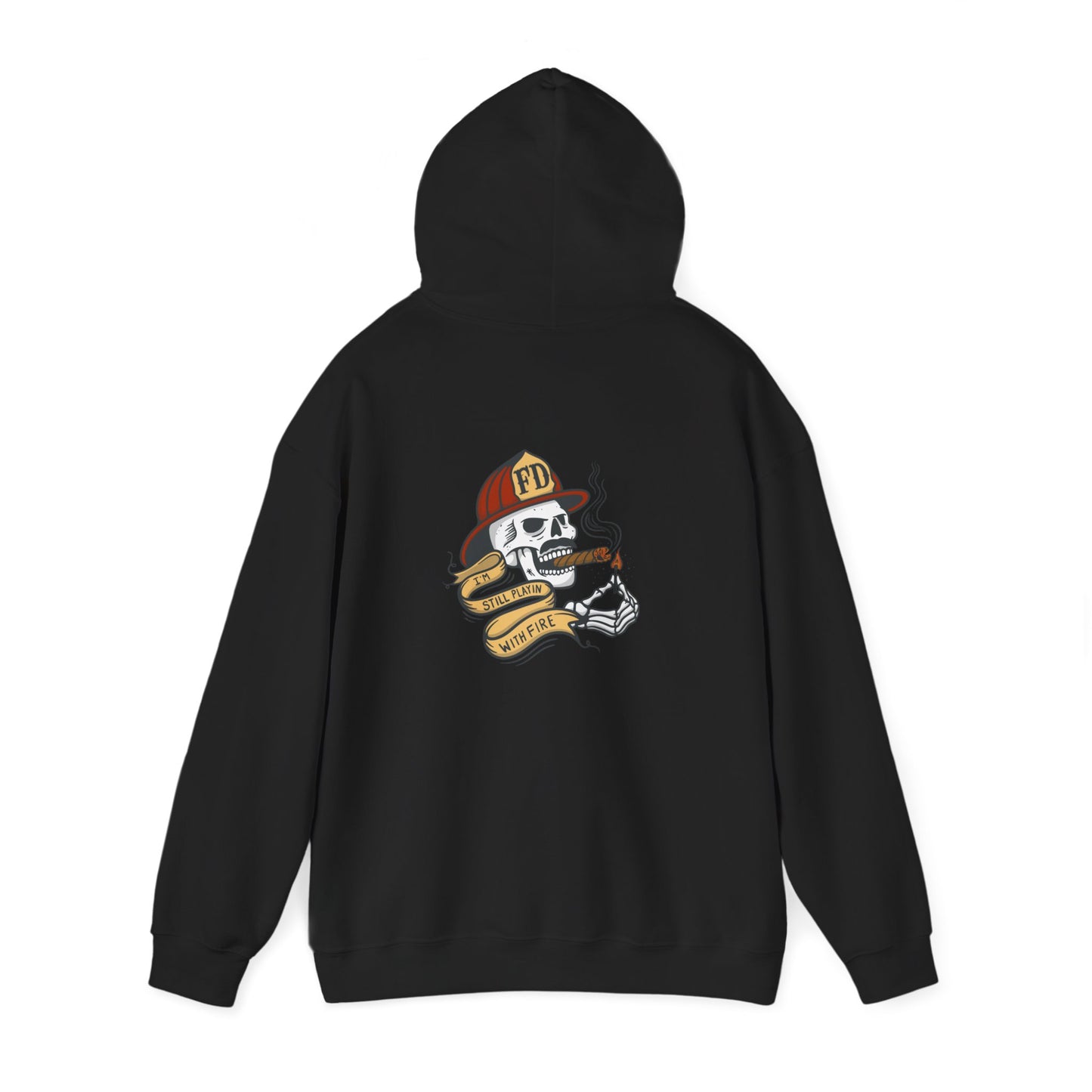 Firefighter Skull "Still Playing with Fire" Hoodie, Unisex Heavy Blend Sweatshirt