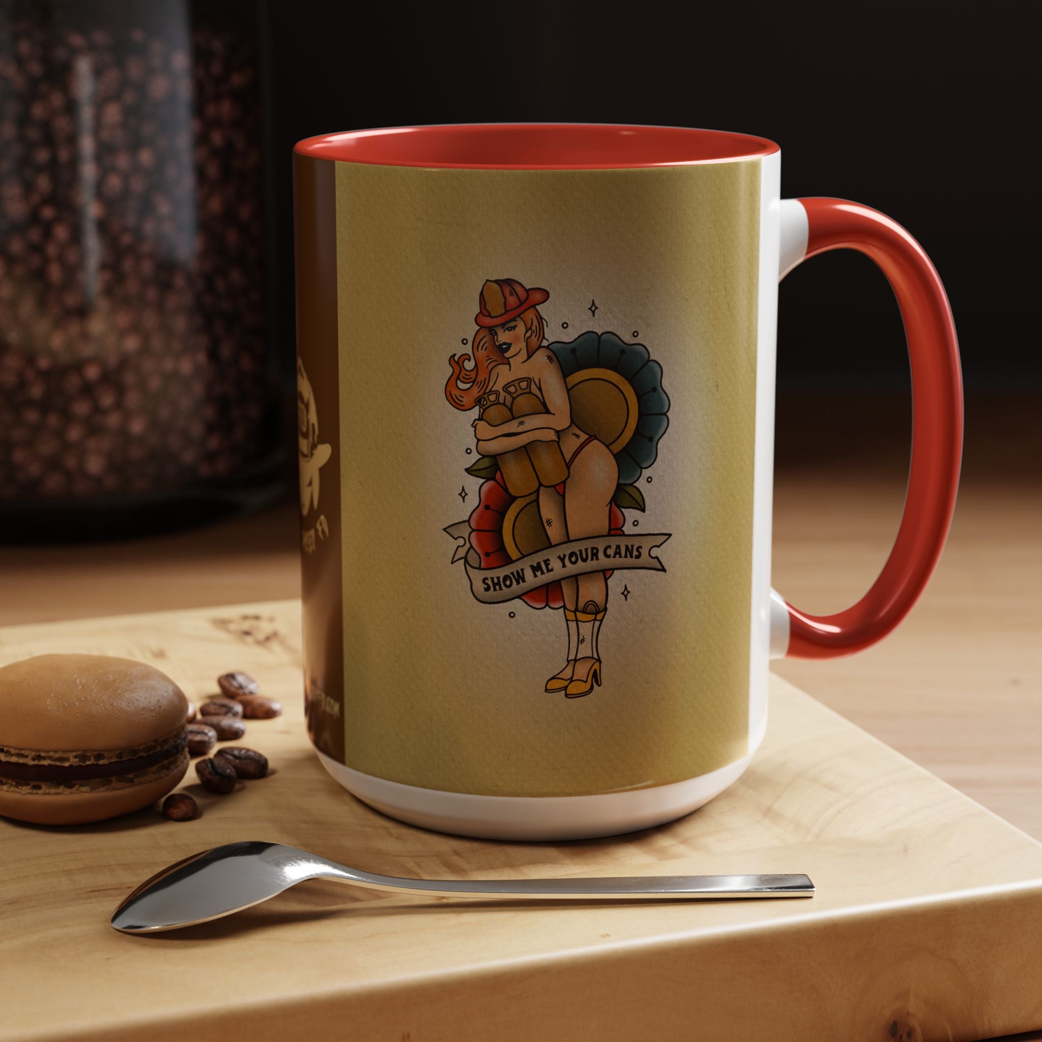 Firefighter Pin-Up Coffee Mug – "Show Me Your Cans" Retro Firefighter Design (15oz)