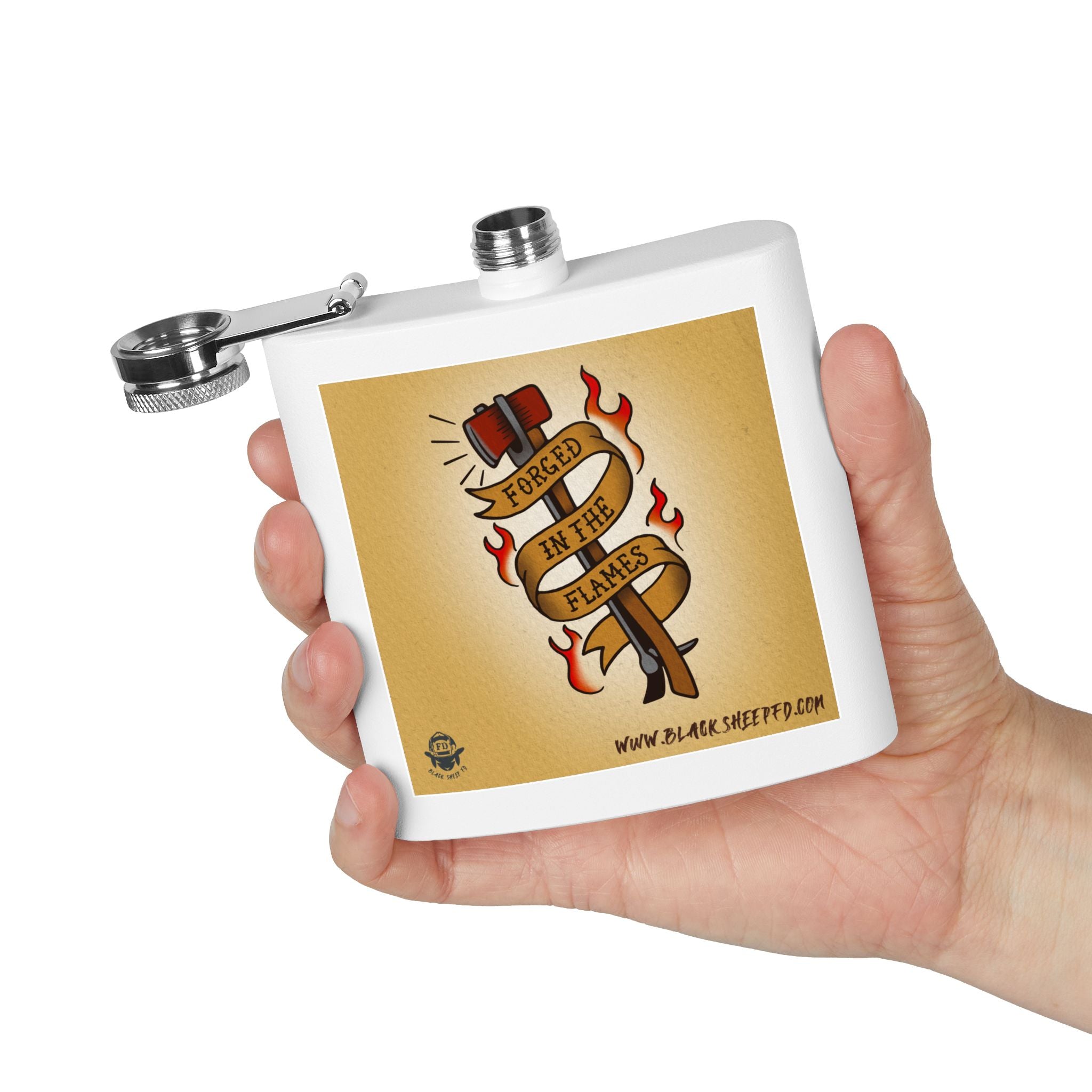 "Forged In The Flames" Stainless Steel Flask - 6oz Tattoo-Style Hip Flask