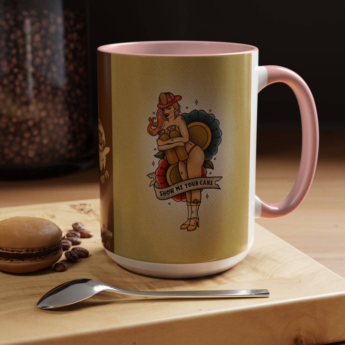 Firefighter Pin-Up Coffee Mug – "Show Me Your Cans" Retro Firefighter Design (15oz)