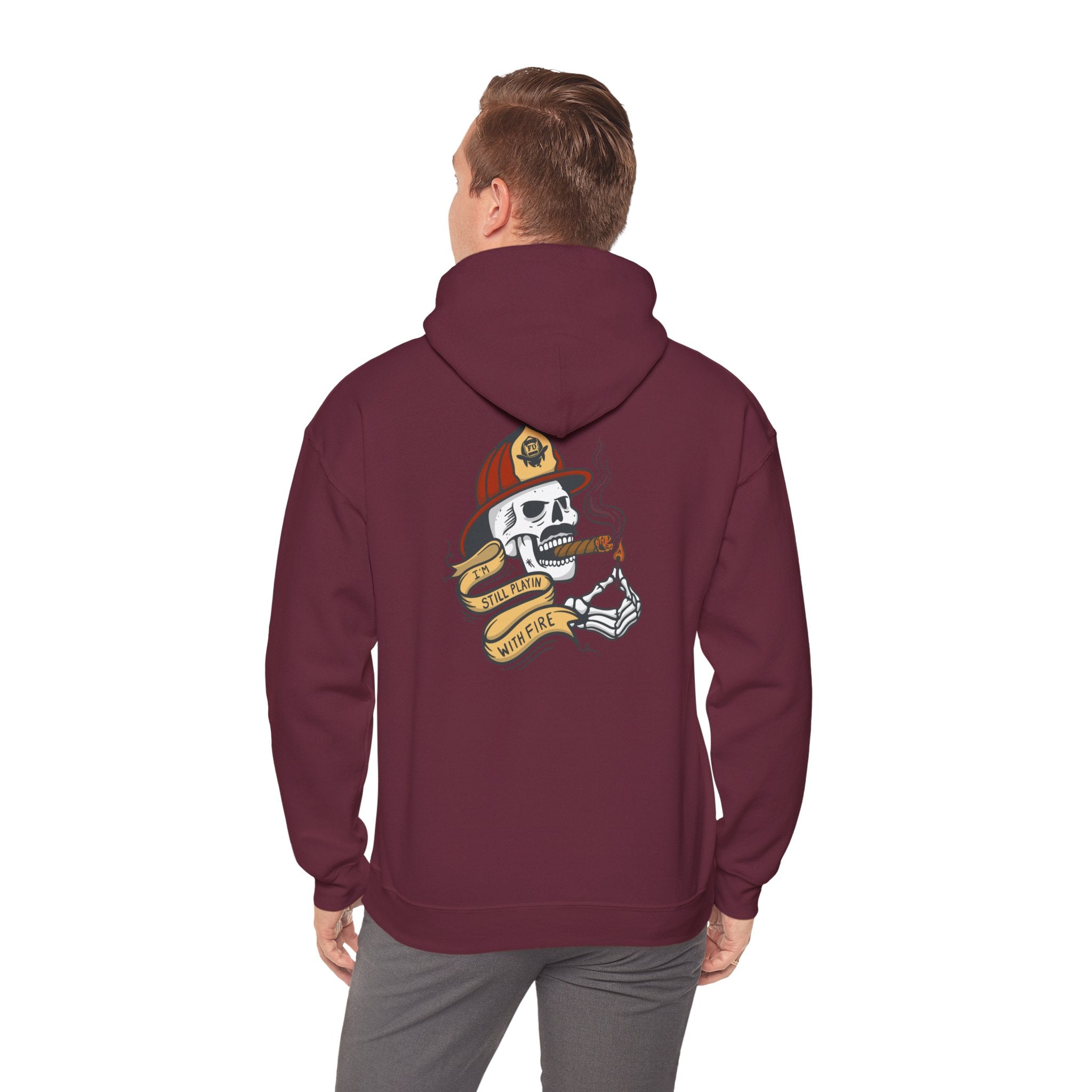 Firefighter Skull "Still Playing with Fire" Hoodie, Unisex Heavy Blend Sweatshirt
