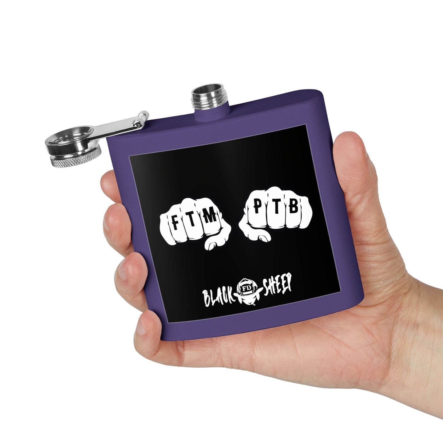 6oz Stainless Steel Flask — Black Sheep 'FTMP PTB' Knuckle Tattoo Design