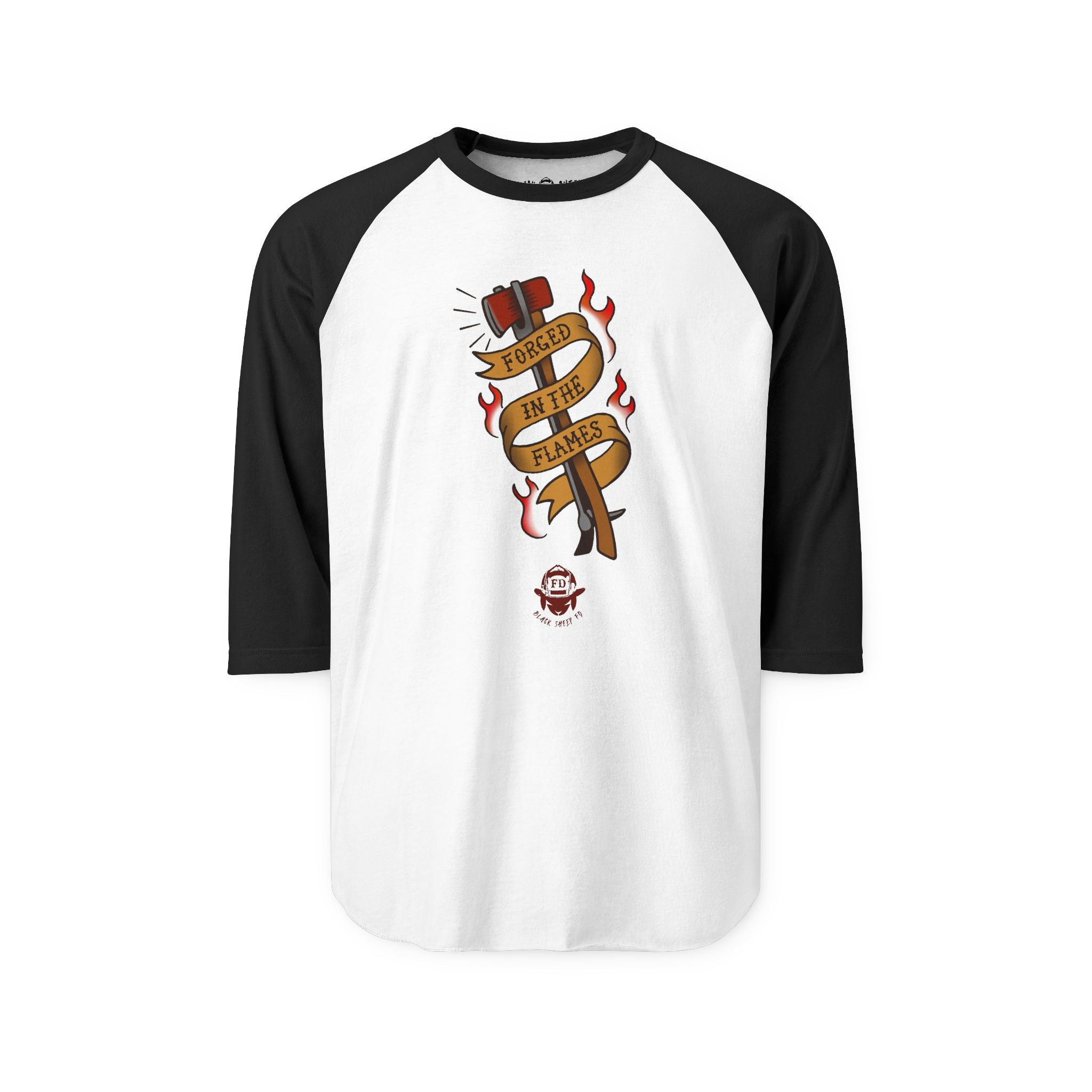 Firefighter Baseball Shirt — 'Forged in the Flames' Tattoo-Style Tee