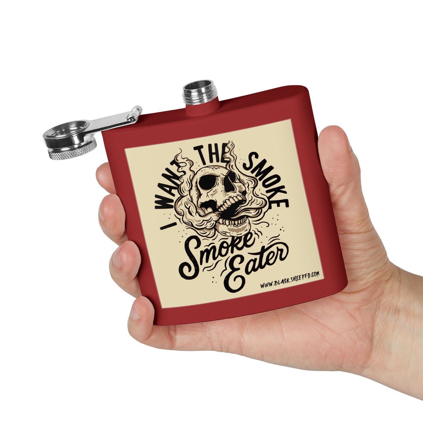 6oz Stainless Steel Flask — "I Want The Smoke / Smoke Eater" Skull Design