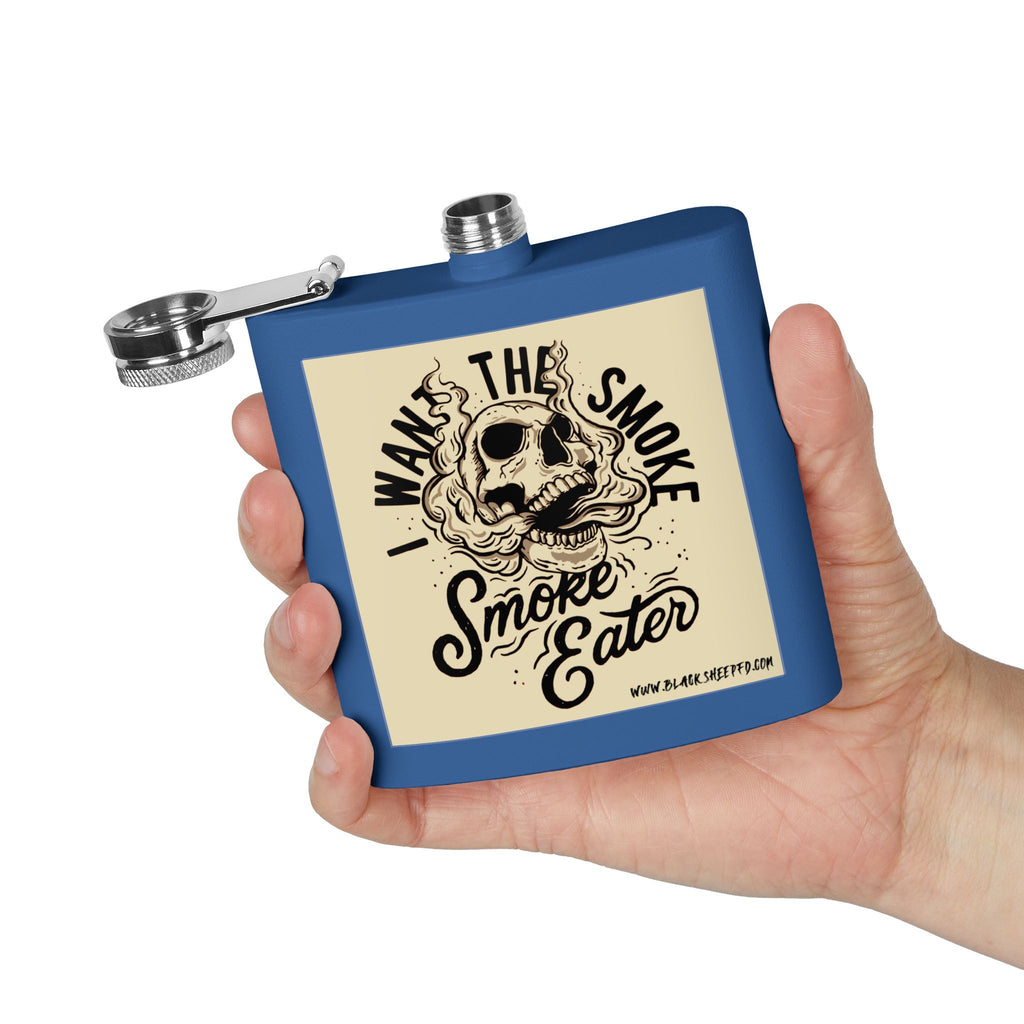 6oz Stainless Steel Flask — "I Want The Smoke / Smoke Eater" Skull Design