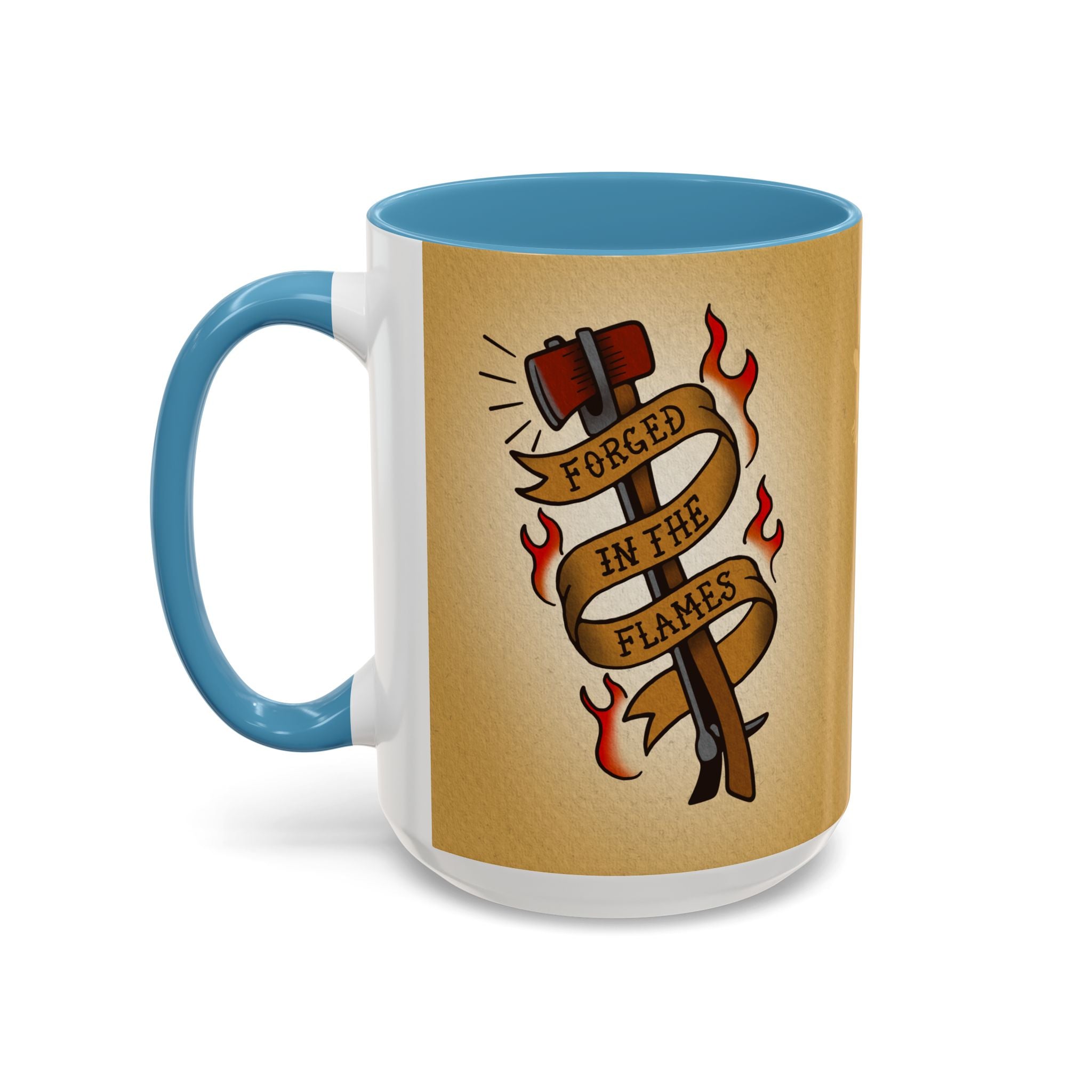 Forged in the Flames Coffee Mug — Firefighter Tattoo-Style Accent Mug