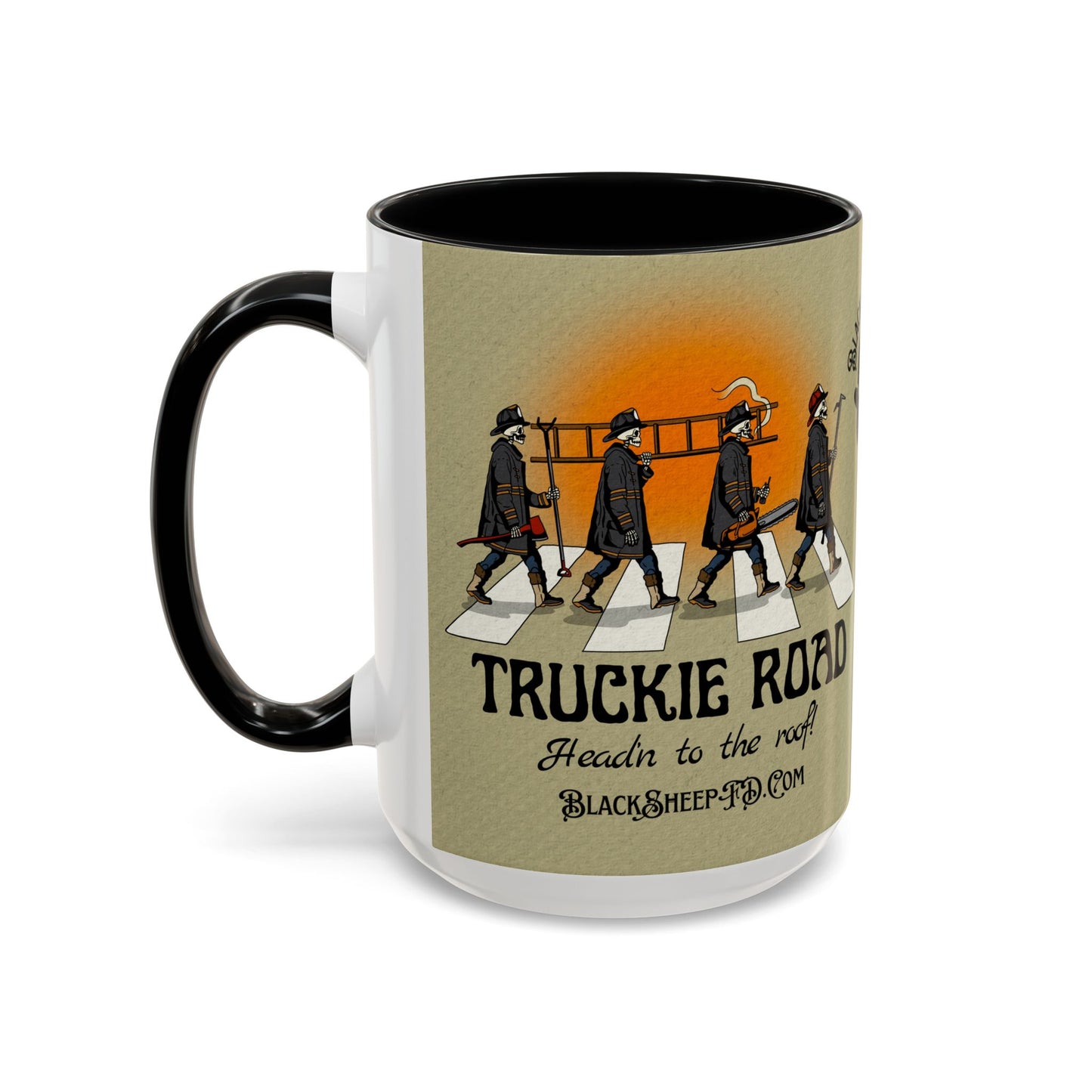 Truckie Road Coffee Mug — "Headin' to the Roof" Firefighter Band Design 15oz