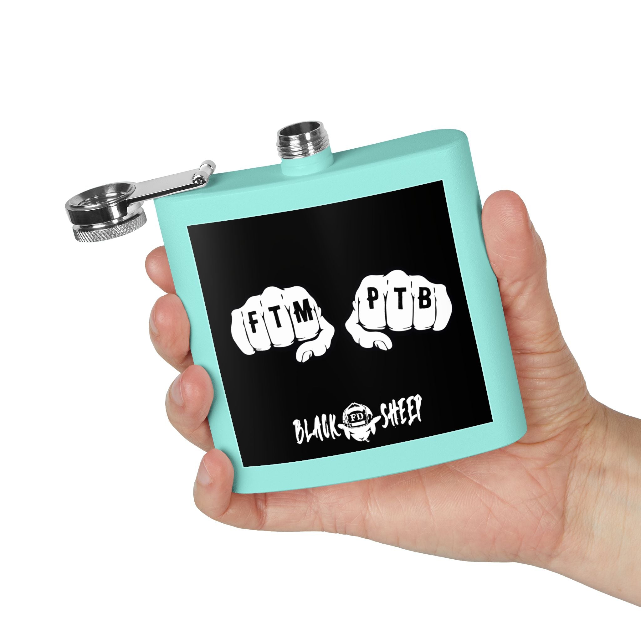 6oz Stainless Steel Flask — Black Sheep 'FTMP PTB' Knuckle Tattoo Design