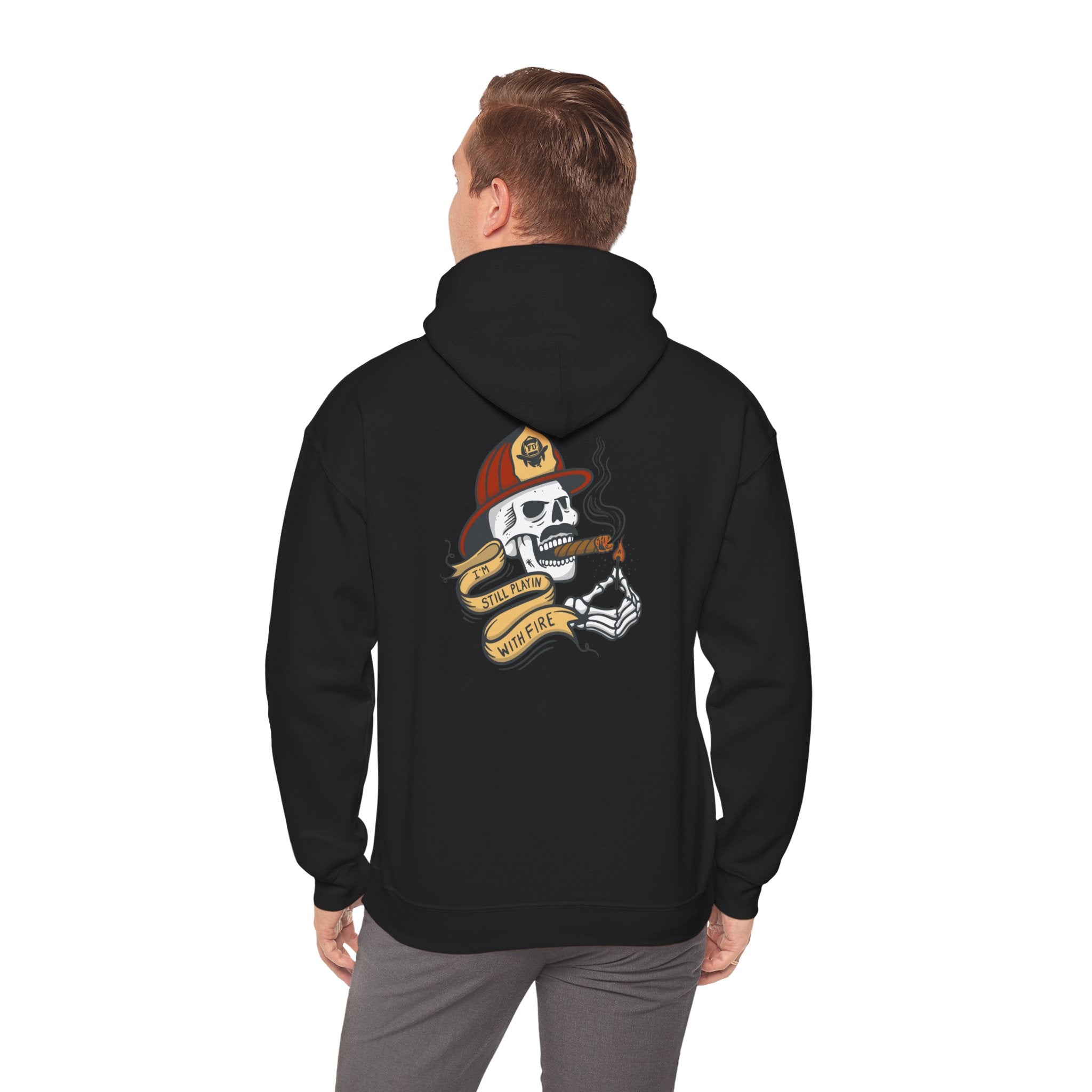 Firefighter Skull "Still Playing with Fire" Hoodie, Unisex Heavy Blend Sweatshirt