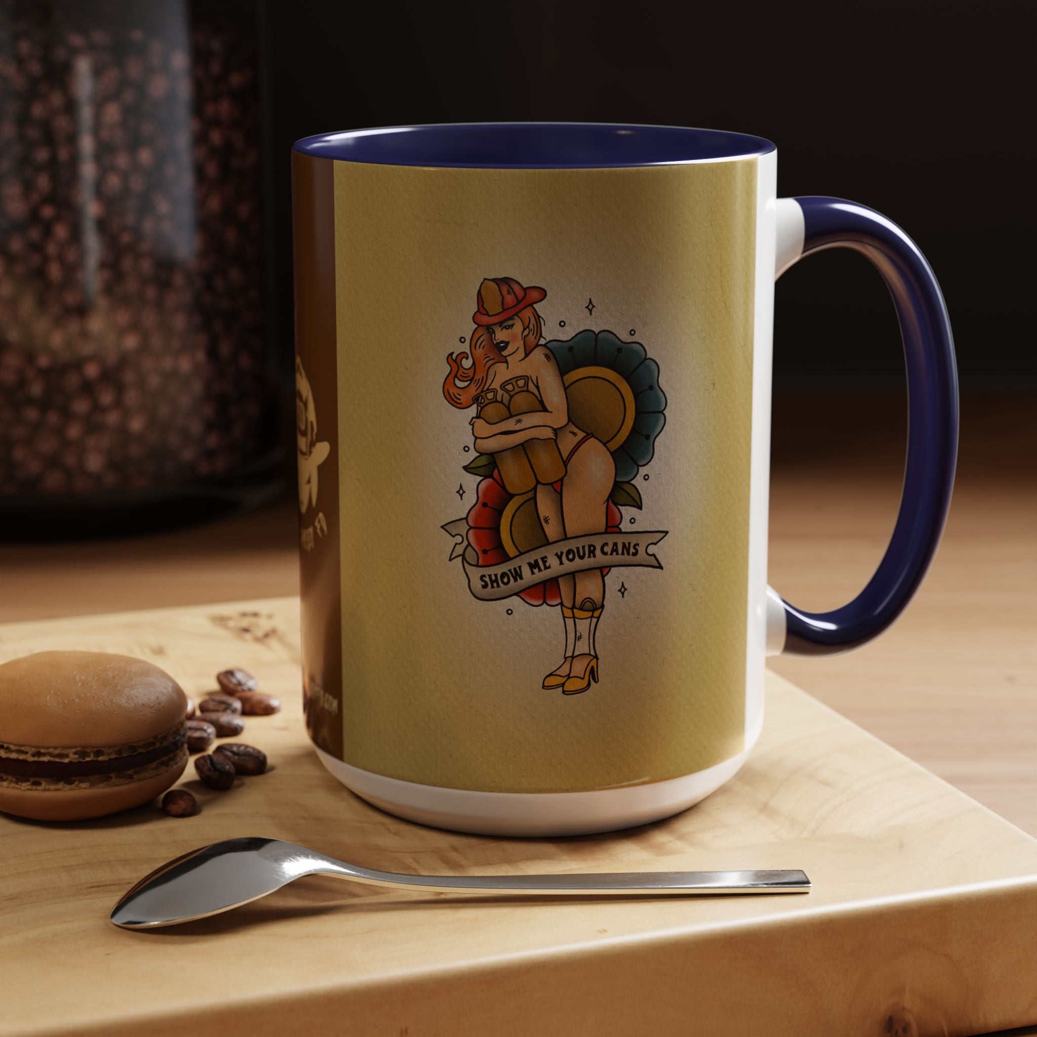 Firefighter Pin-Up Coffee Mug – "Show Me Your Cans" Retro Firefighter Design (15oz)