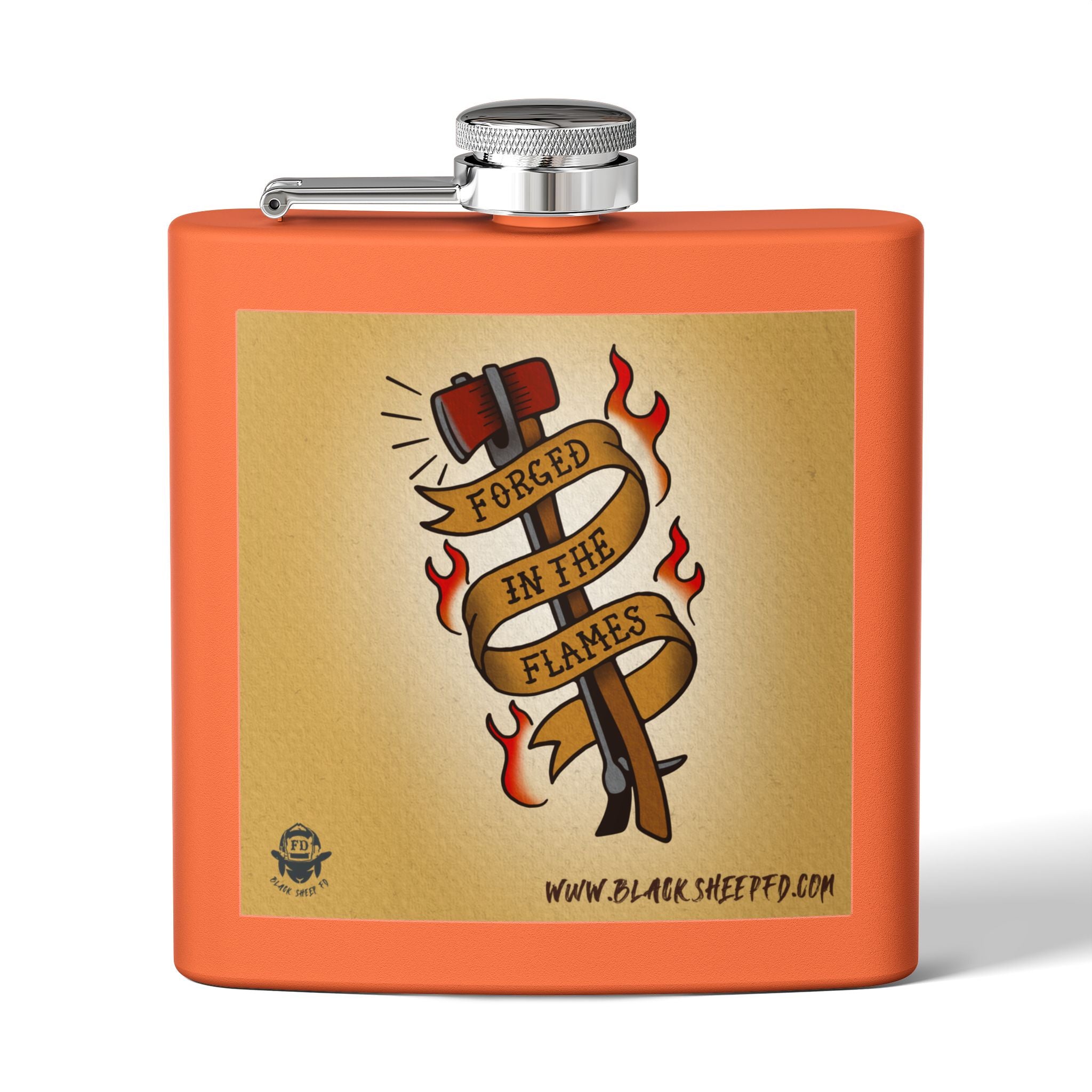 "Forged In The Flames" Stainless Steel Flask - 6oz Tattoo-Style Hip Flask