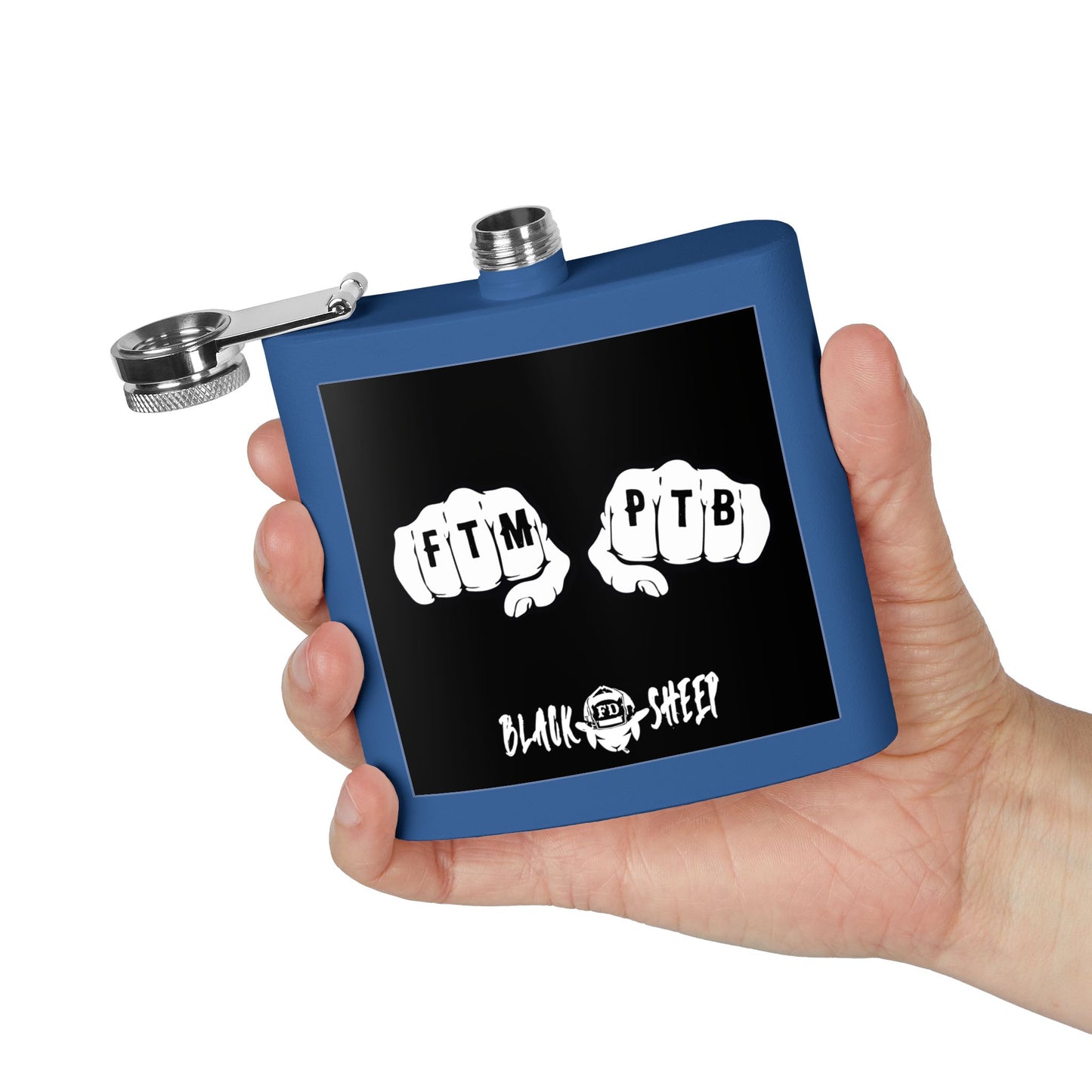 6oz Stainless Steel Flask — Black Sheep 'FTMP PTB' Knuckle Tattoo Design