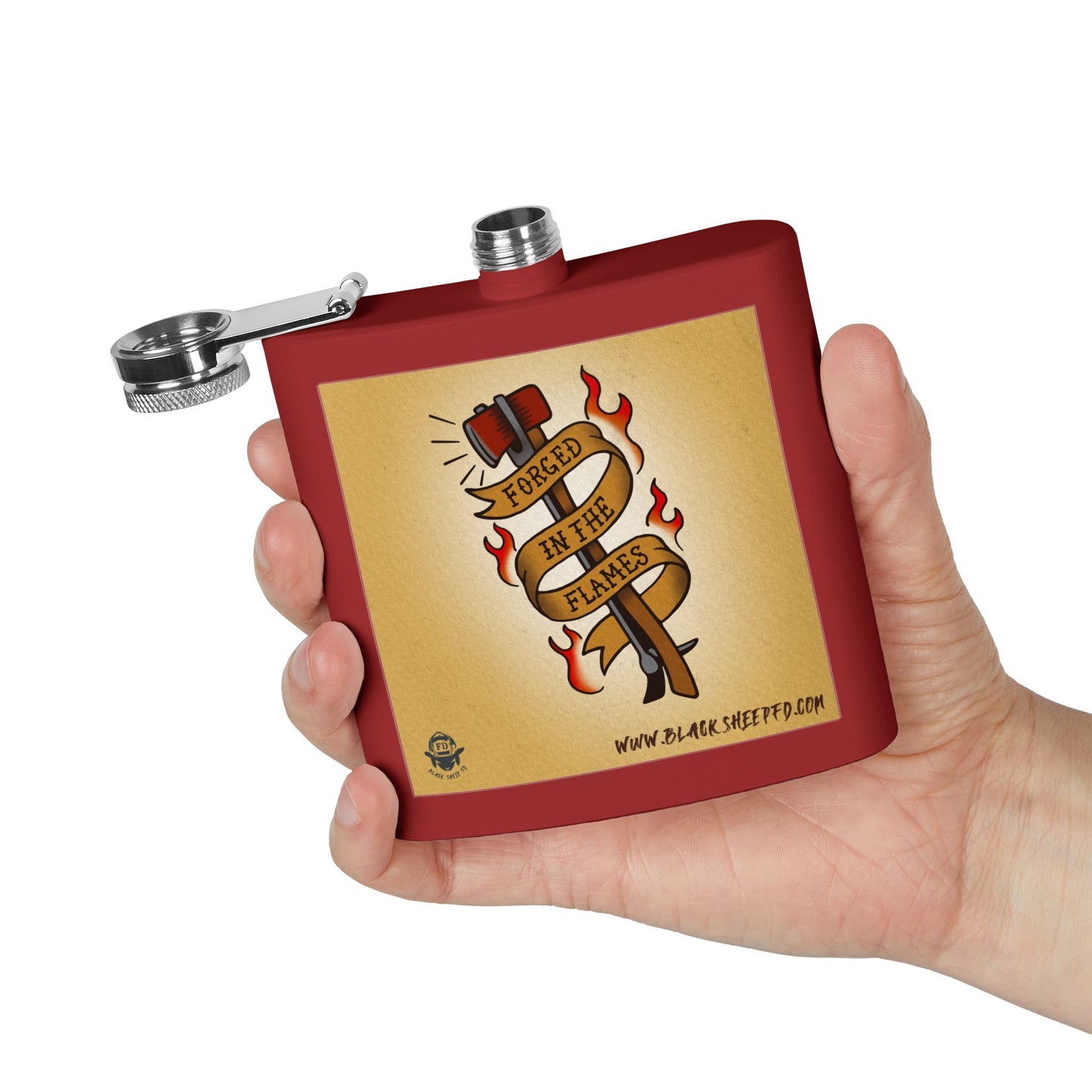 "Forged In The Flames" Stainless Steel Flask - 6oz Tattoo-Style Hip Flask