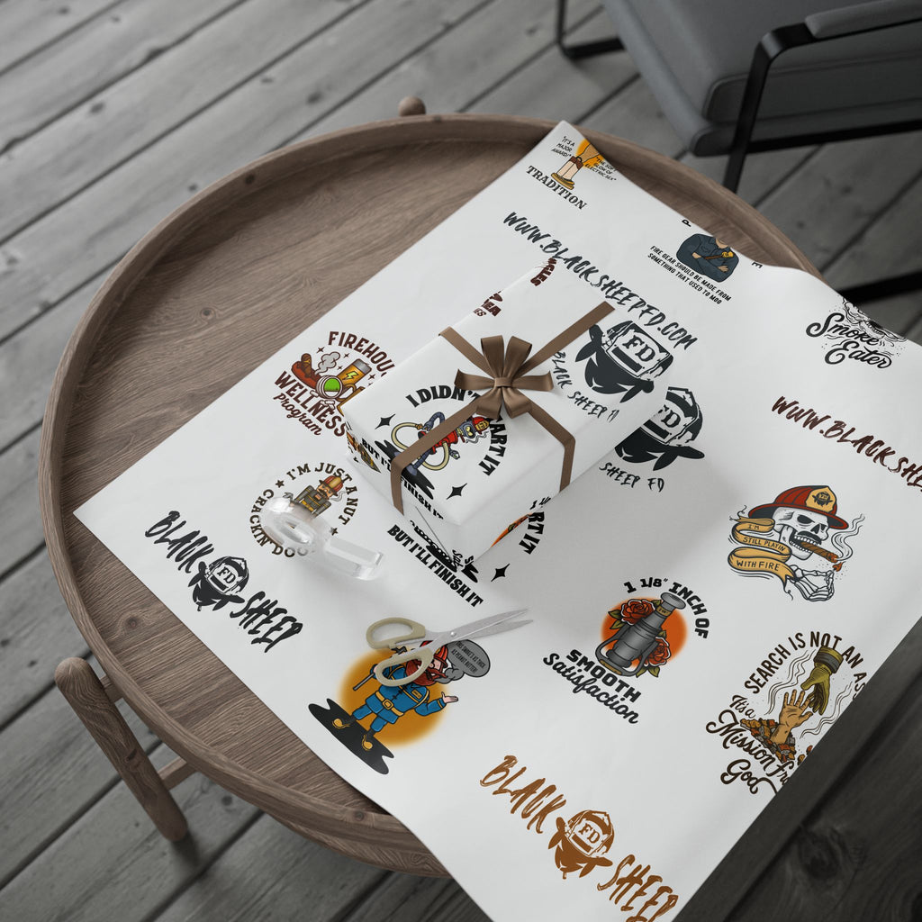 WHITE Wrapping Paper Roll — Retro Black Sheep FD Pattern