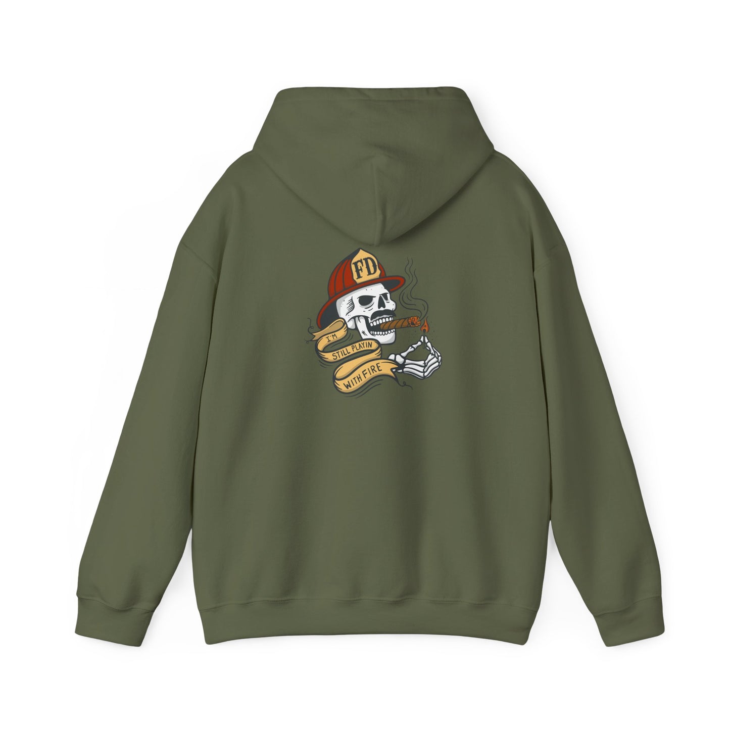 Firefighter Skull "Still Playing with Fire" Hoodie, Unisex Heavy Blend Sweatshirt