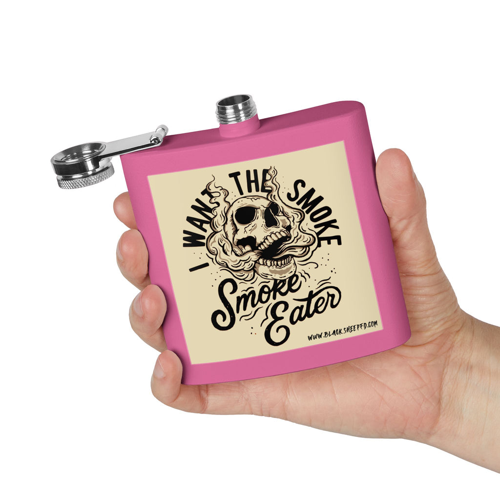 6oz Stainless Steel Flask — "I Want The Smoke / Smoke Eater" Skull Design