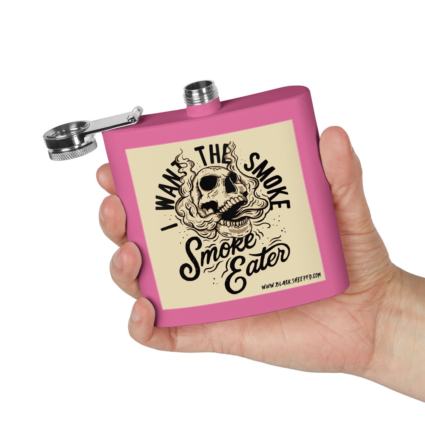 6oz Stainless Steel Flask — "I Want The Smoke / Smoke Eater" Skull Design