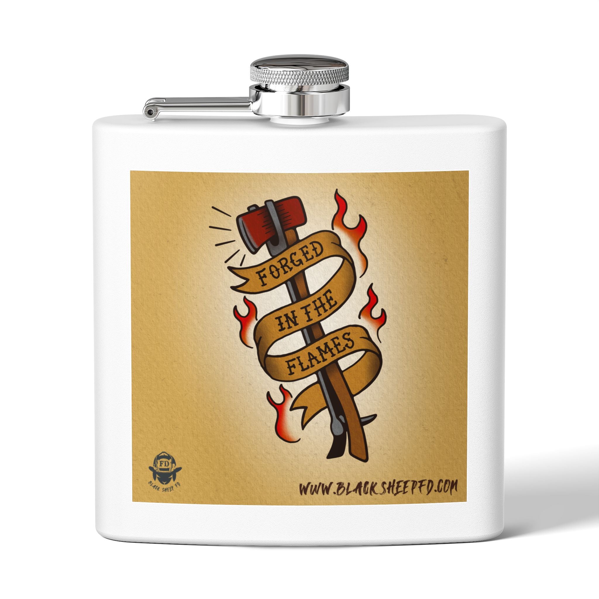 "Forged In The Flames" Stainless Steel Flask - 6oz Tattoo-Style Hip Flask