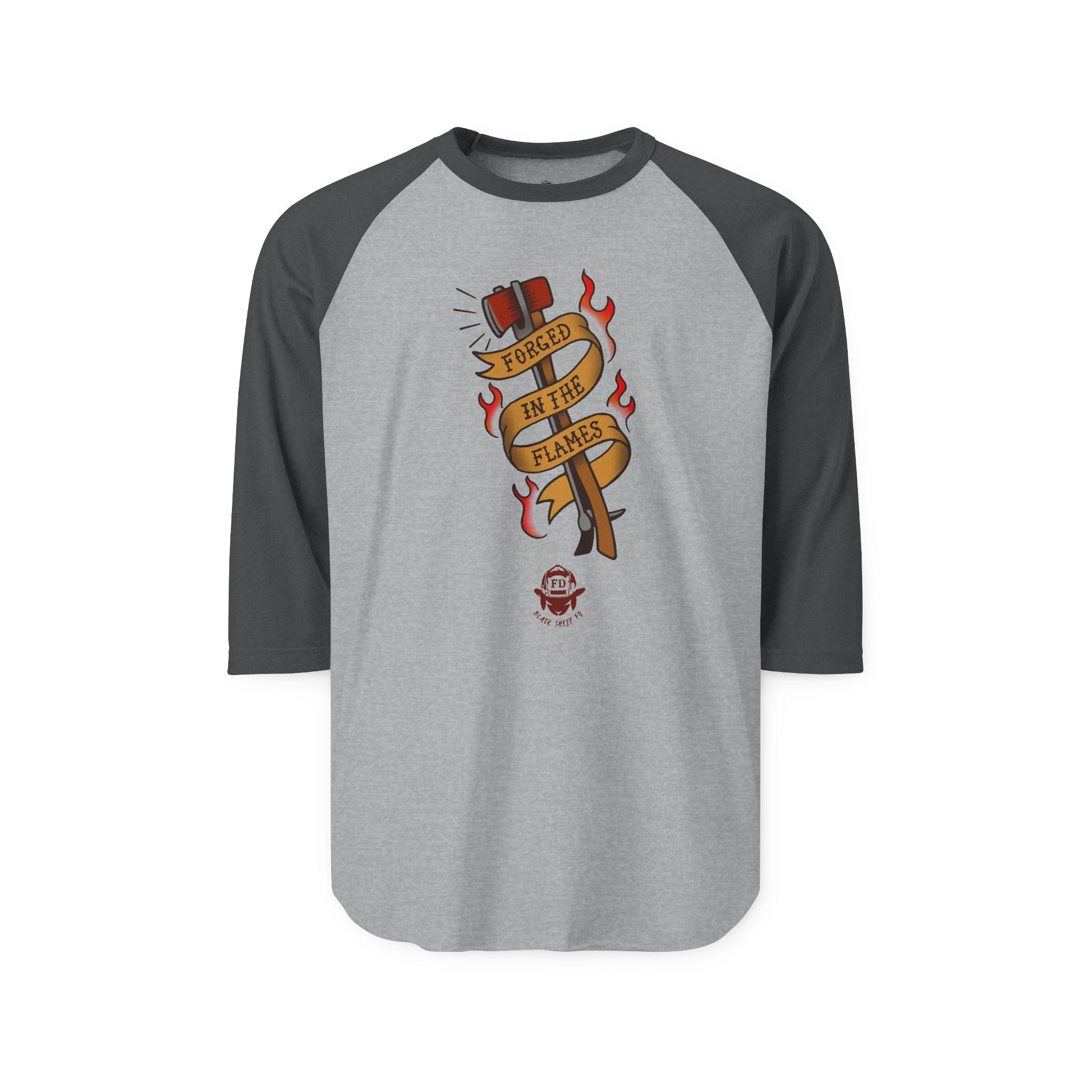 Firefighter Baseball Shirt — 'Forged in the Flames' Tattoo-Style Tee