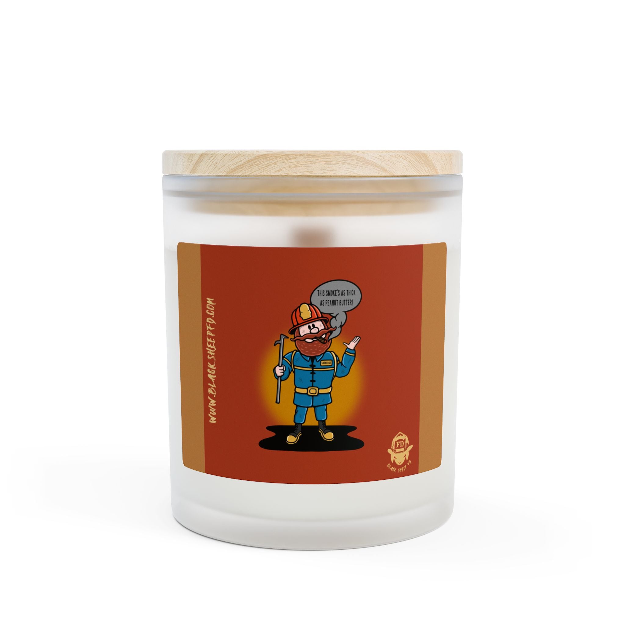 Firefighter Cartoon Candle — 'Be Nice to Me' Frosted Glass 11oz