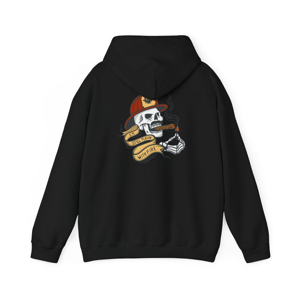 Firefighter Skull "Still Playing with Fire" Hoodie, Unisex Heavy Blend Sweatshirt