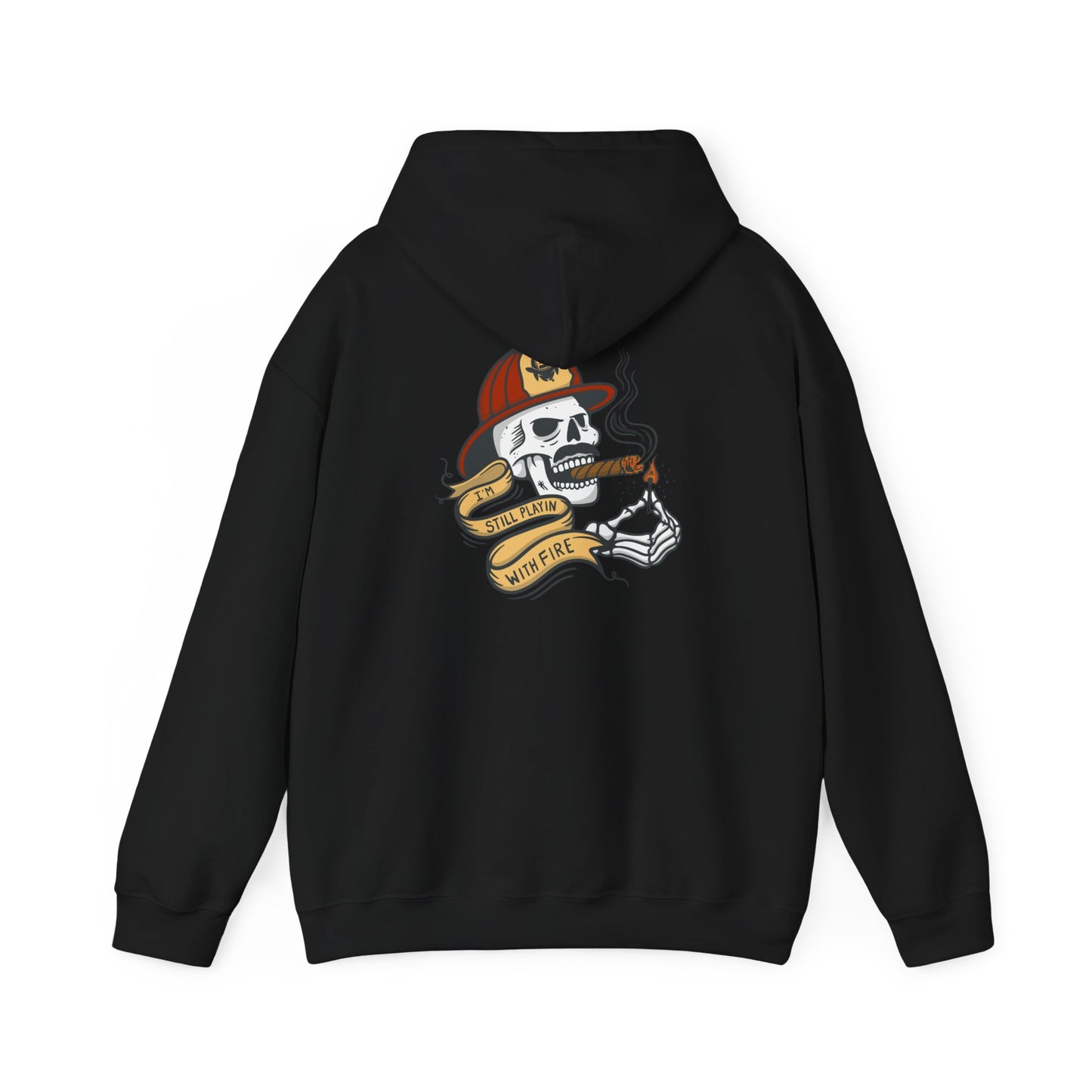 Firefighter Skull "Still Playing with Fire" Hoodie, Unisex Heavy Blend Sweatshirt