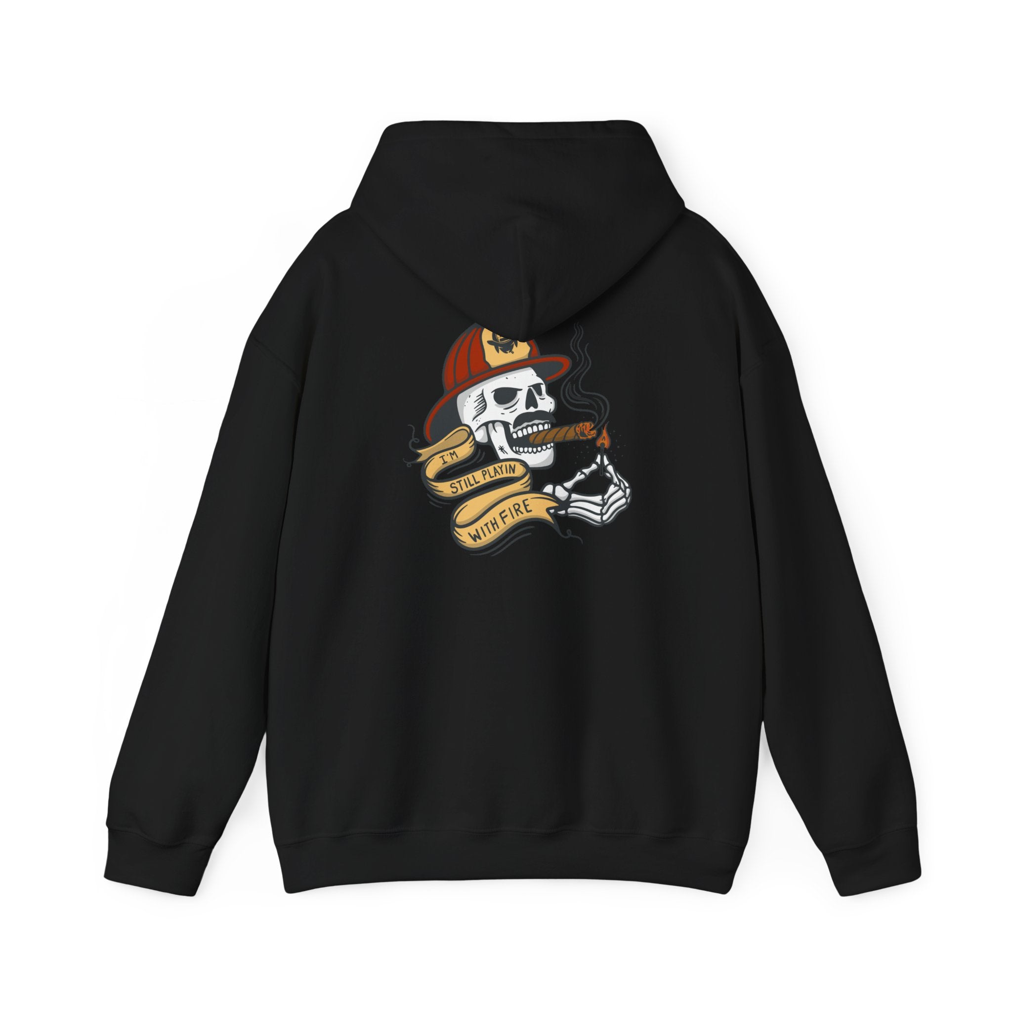 Firefighter Skull "Still Playing with Fire" Hoodie, Unisex Heavy Blend Sweatshirt